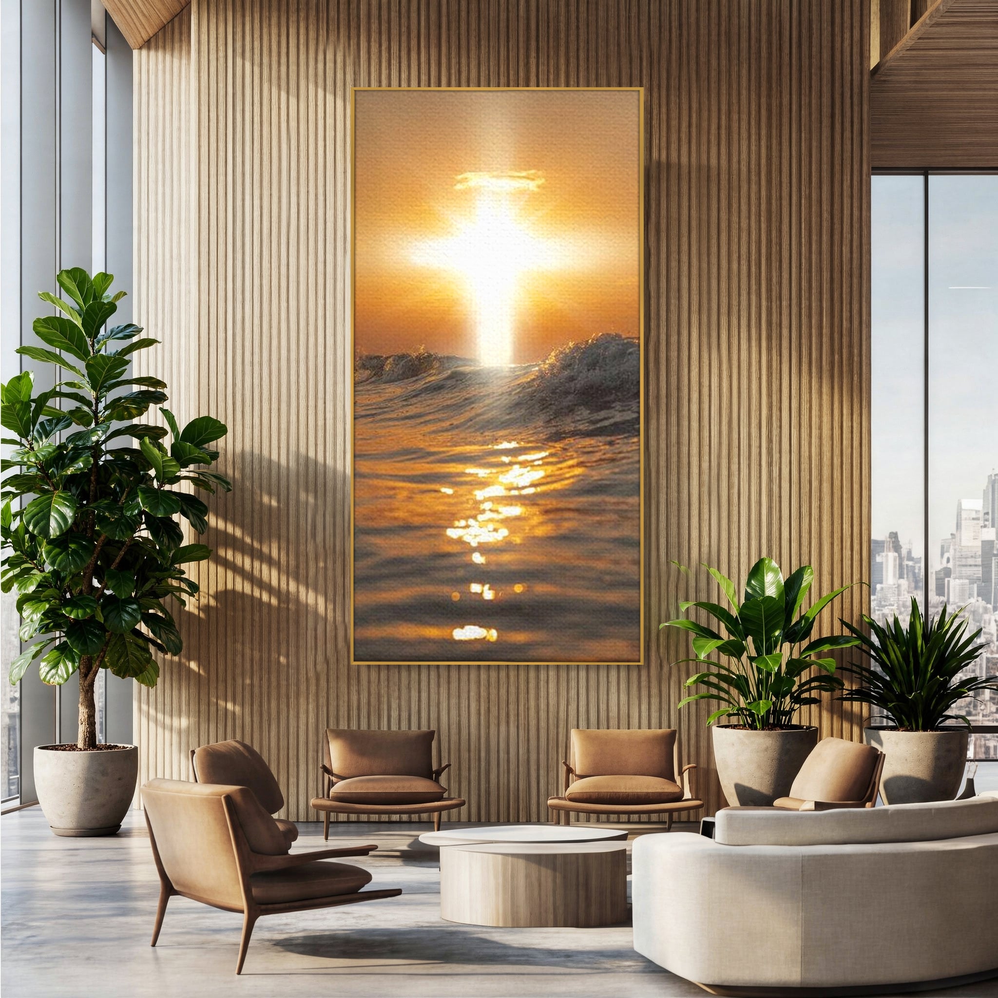 Tablou Canvas Premium LuxCanva® H1019 Lumina Sfanta pe Ape , Apus, Cruce, Spritual, Valuri, Pace, Suflet, Ocean, Credinta, Speranta, Living, Dormitor