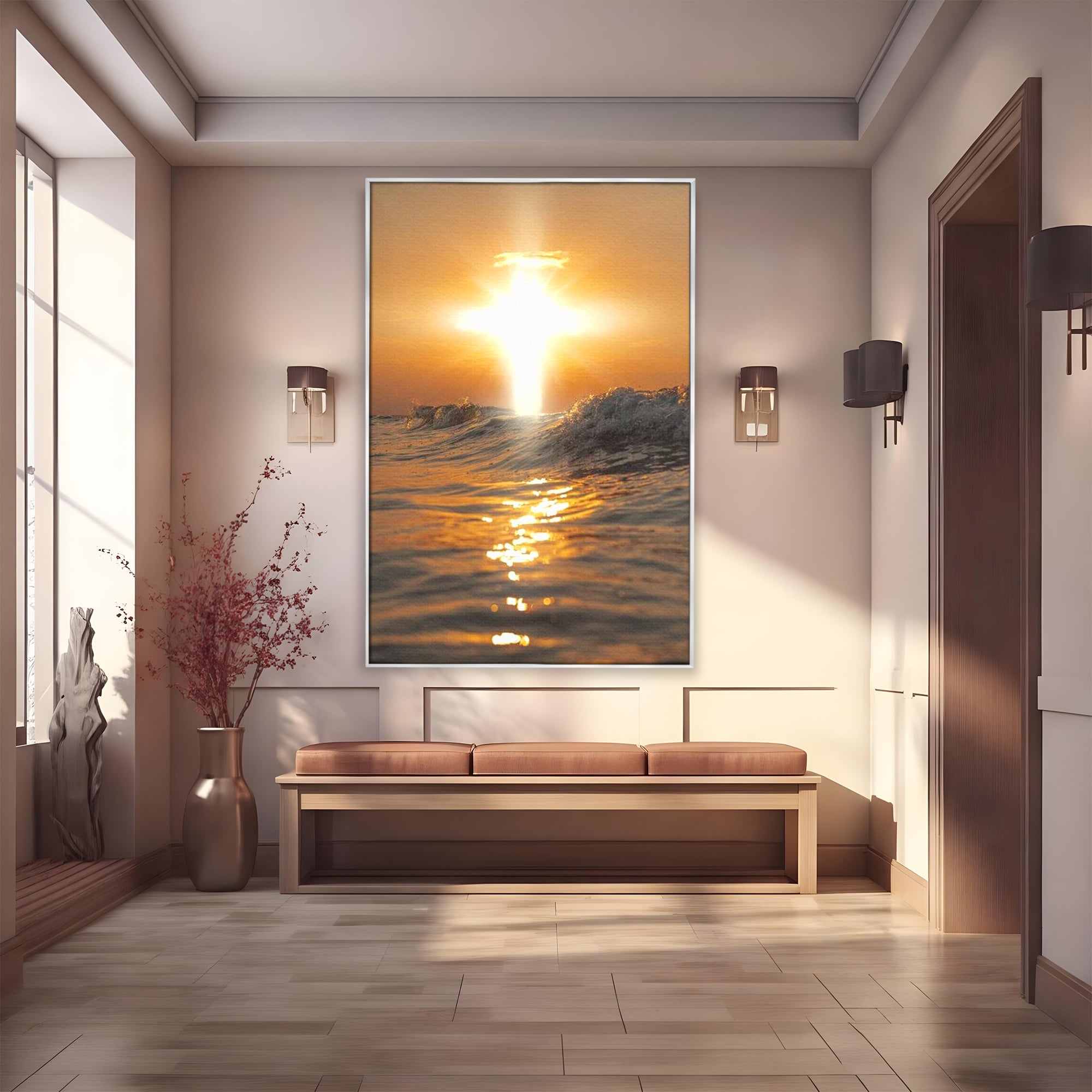 Tablou Canvas Premium LuxCanva® H1019 Lumina Sfanta pe Ape , Apus, Cruce, Spritual, Valuri, Pace, Suflet, Ocean, Credinta, Speranta, Living, Dormitor