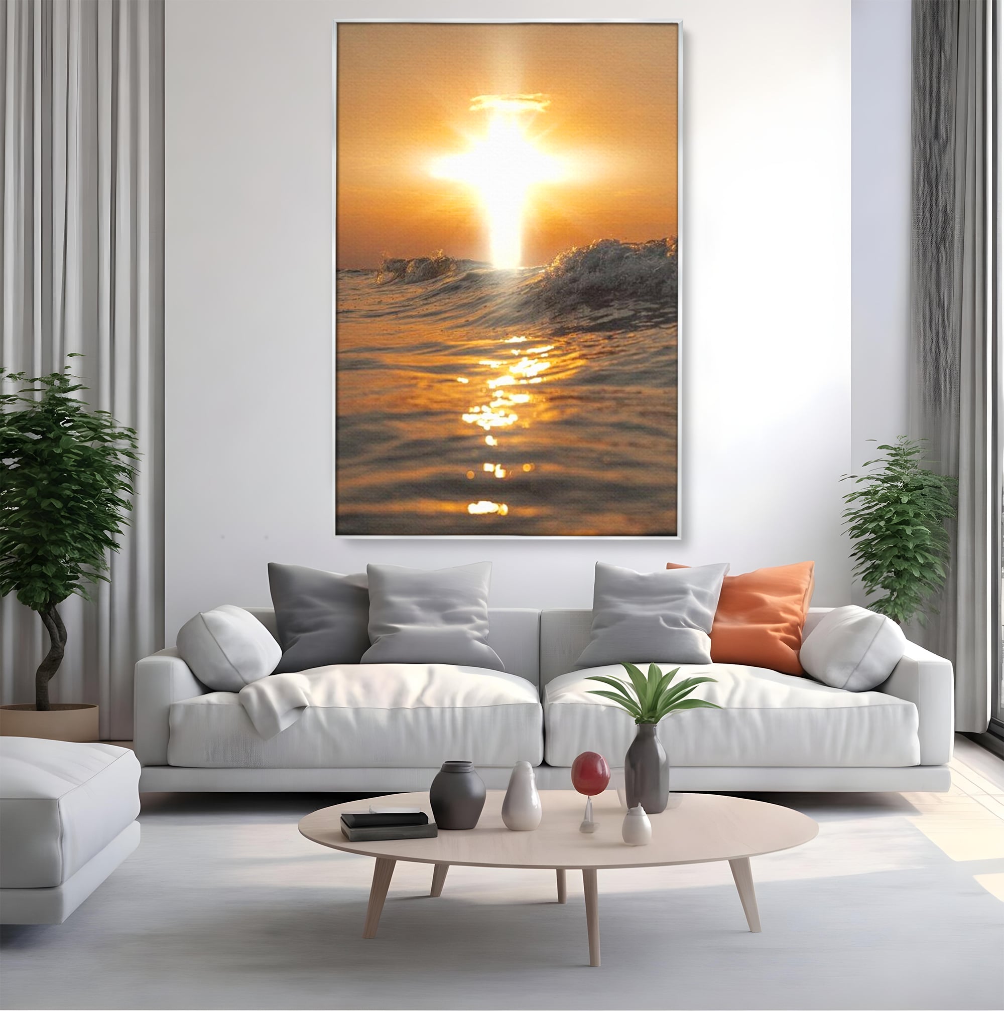 Tablou Canvas Premium LuxCanva® H1019 Lumina Sfanta pe Ape , Apus, Cruce, Spritual, Valuri, Pace, Suflet, Ocean, Credinta, Speranta, Living, Dormitor