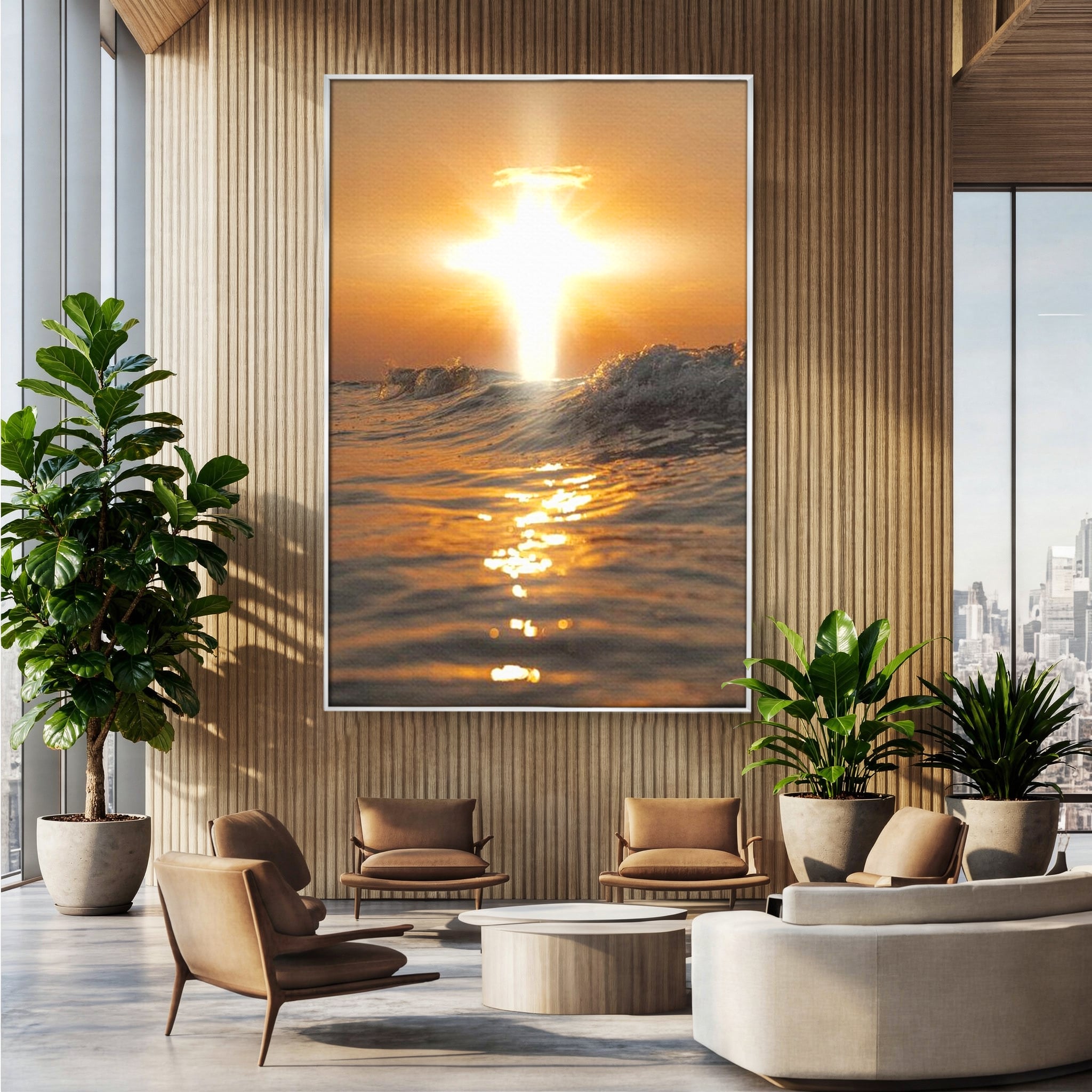 Tablou Canvas Premium LuxCanva® H1019 Lumina Sfanta pe Ape , Apus, Cruce, Spritual, Valuri, Pace, Suflet, Ocean, Credinta, Speranta, Living, Dormitor