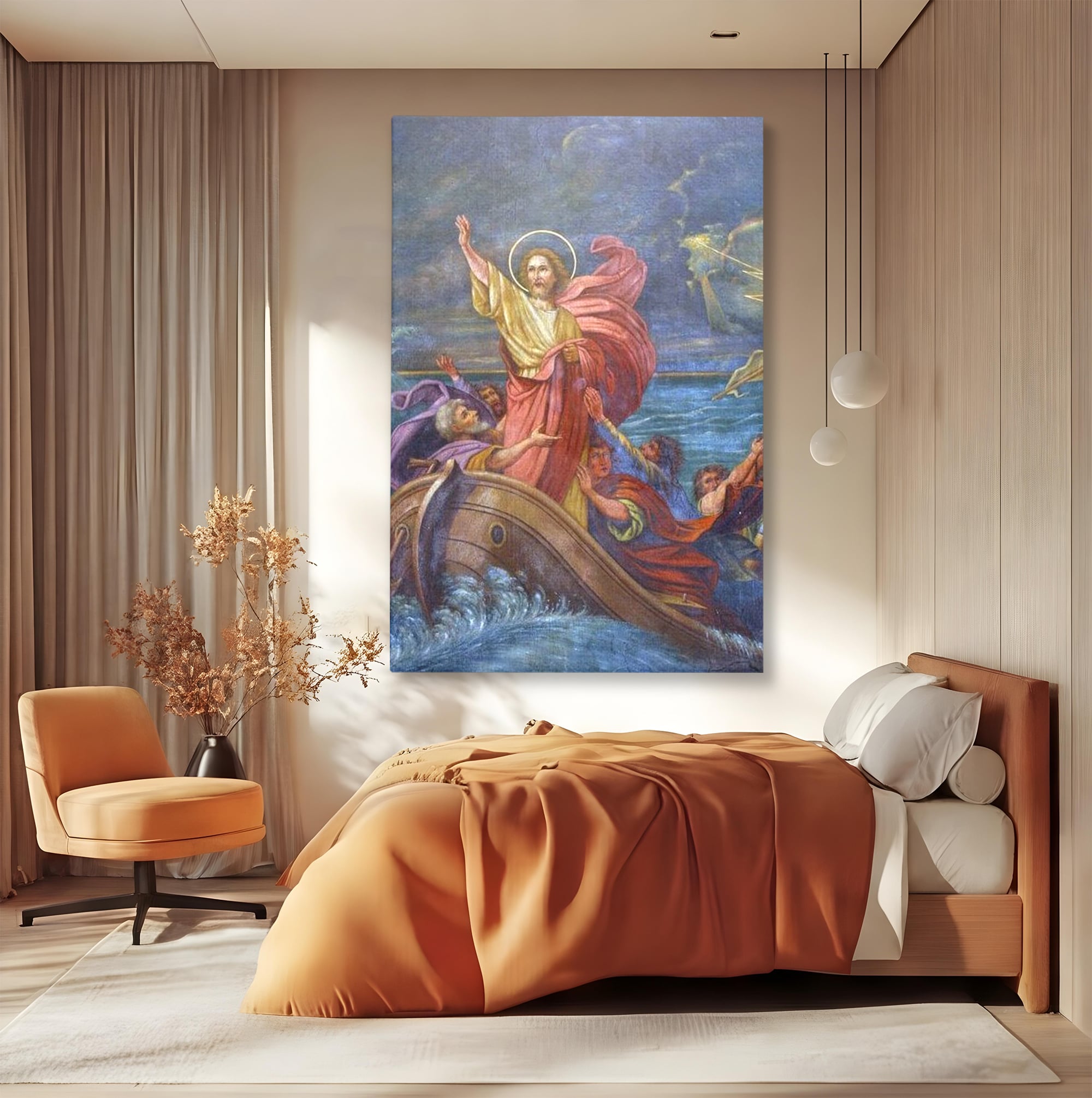 Tablou Canvas Premium LuxCanva® H1022 Mantuitorul pe Ape , Valuri, Iisus, Furtuna, Calauza, Salvare, Biruinta, Rugaciune, Credinta, Living, Dormitor