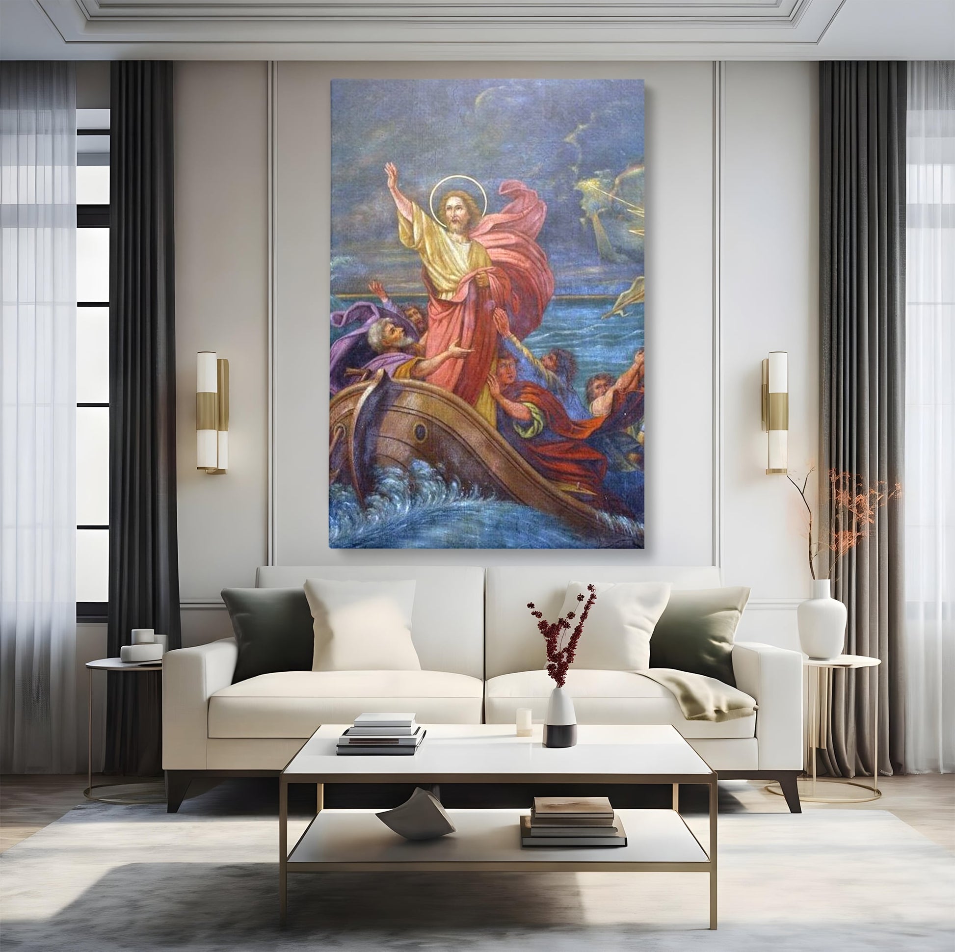 Tablou Canvas Premium LuxCanva® H1022 Mantuitorul pe Ape , Valuri, Iisus, Furtuna, Calauza, Salvare, Biruinta, Rugaciune, Credinta, Living, Dormitor