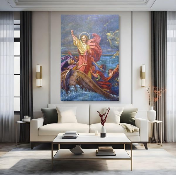 Tablou Canvas Premium LuxCanva® H1022 Mantuitorul pe Ape , Valuri, Iisus, Furtuna, Calauza, Salvare, Biruinta, Rugaciune, Credinta, Living, Dormitor