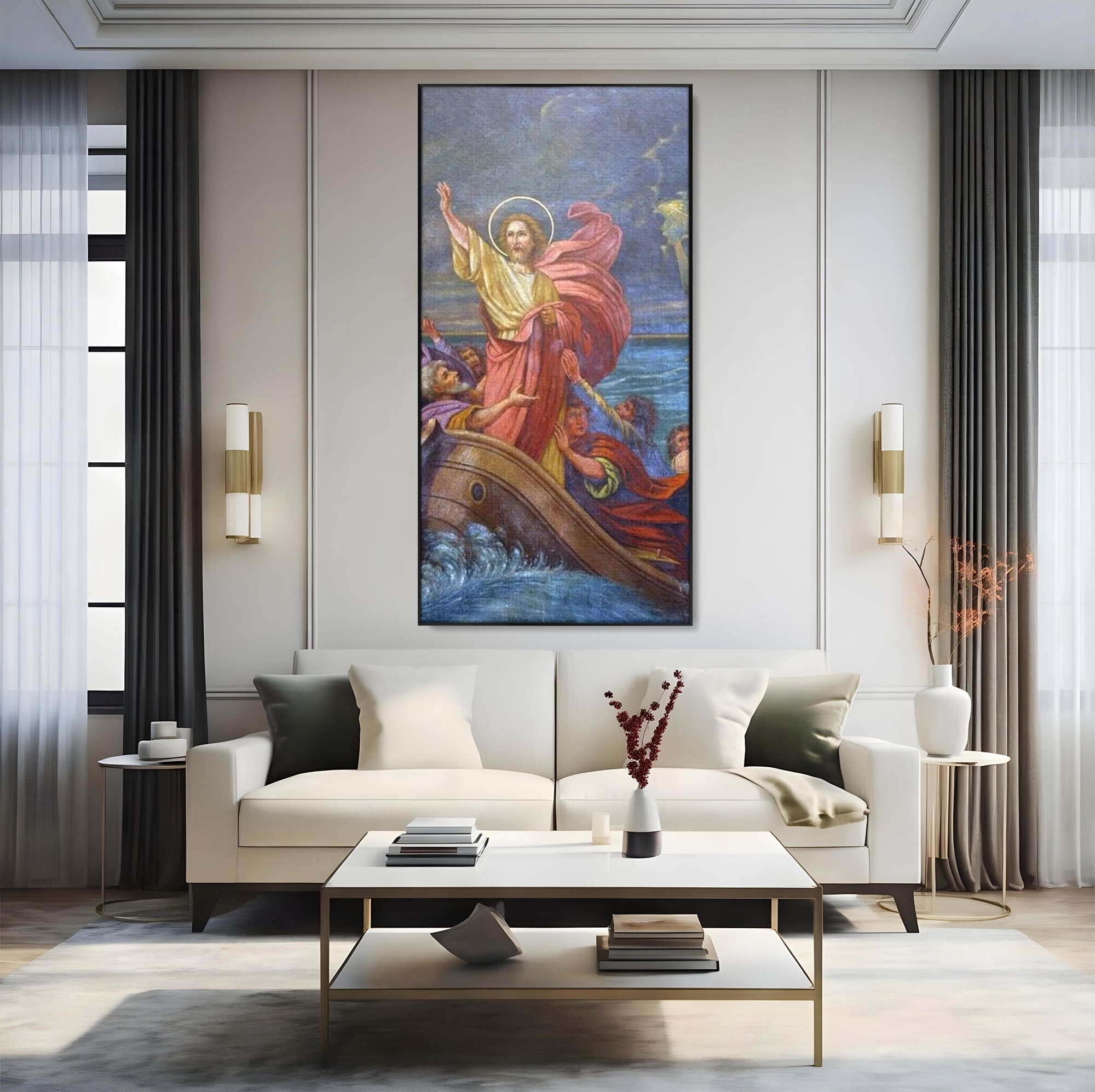 Tablou Canvas Premium LuxCanva® H1022 Mantuitorul pe Ape , Valuri, Iisus, Furtuna, Calauza, Salvare, Biruinta, Rugaciune, Credinta, Living, Dormitor