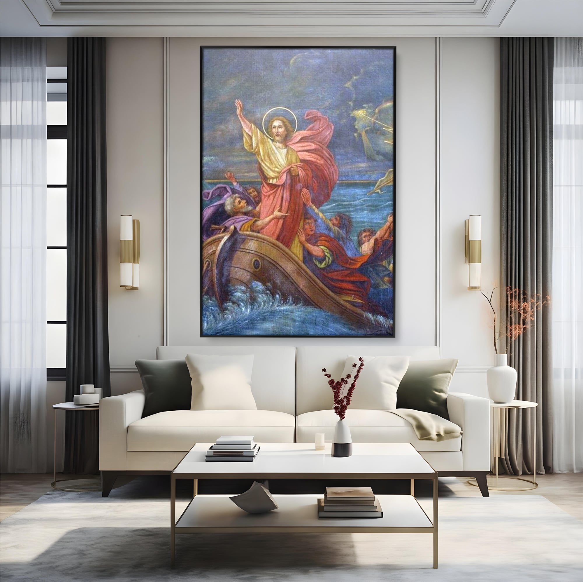 Tablou Canvas Premium LuxCanva® H1022 Mantuitorul pe Ape , Valuri, Iisus, Furtuna, Calauza, Salvare, Biruinta, Rugaciune, Credinta, Living, Dormitor