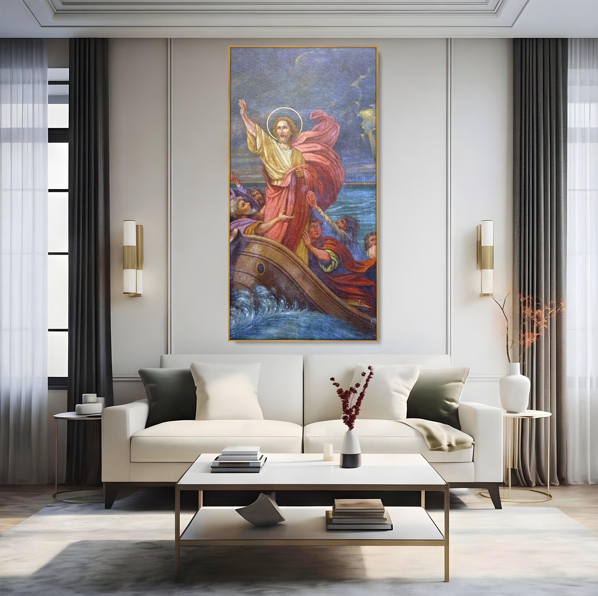 Tablou Canvas Premium LuxCanva® H1022 Mantuitorul pe Ape , Valuri, Iisus, Furtuna, Calauza, Salvare, Biruinta, Rugaciune, Credinta, Living, Dormitor