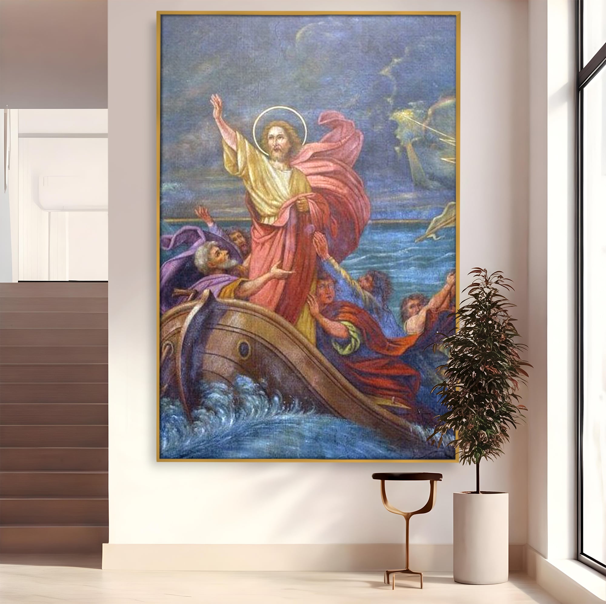 Tablou Canvas Premium LuxCanva® H1022 Mantuitorul pe Ape , Valuri, Iisus, Furtuna, Calauza, Salvare, Biruinta, Rugaciune, Credinta, Living, Dormitor