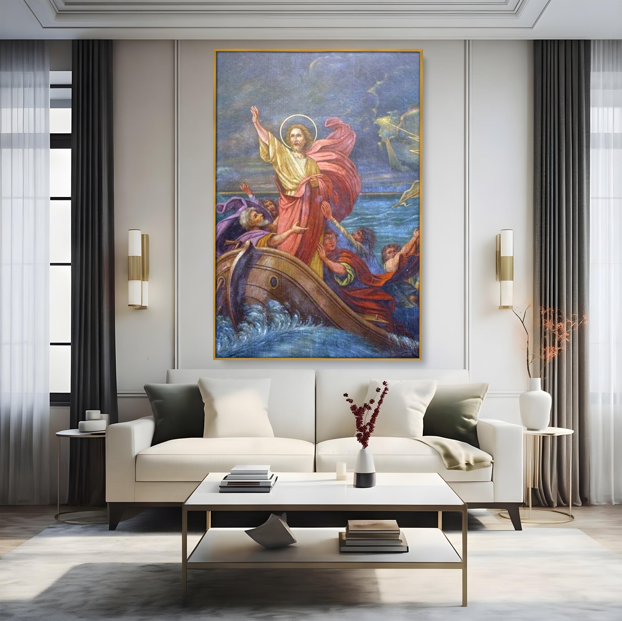 Tablou Canvas Premium LuxCanva® H1022 Mantuitorul pe Ape , Valuri, Iisus, Furtuna, Calauza, Salvare, Biruinta, Rugaciune, Credinta, Living, Dormitor