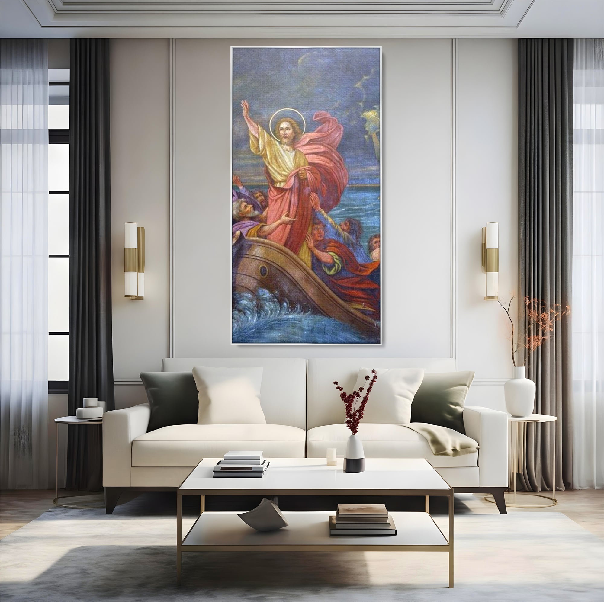 Tablou Canvas Premium LuxCanva® H1022 Mantuitorul pe Ape , Valuri, Iisus, Furtuna, Calauza, Salvare, Biruinta, Rugaciune, Credinta, Living, Dormitor