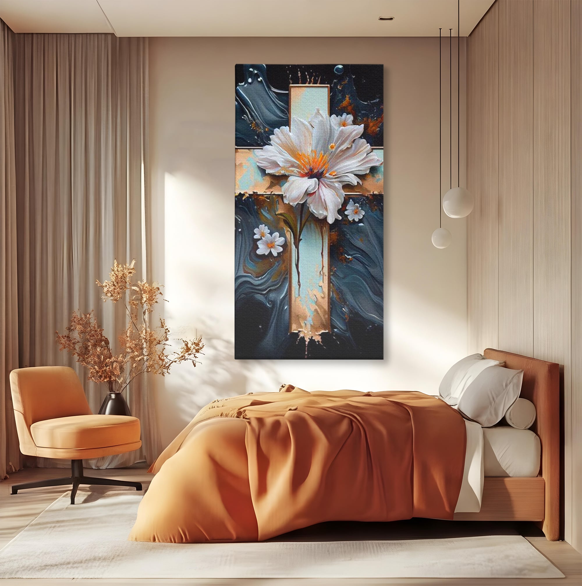 Tablou Canvas Premium LuxCanva® H1026 Crucea cu Flori ,  Flori, Cruce, Delicatete, Gingasie, Speranta, Puritate, Univers, Cale, Living, Dormitor