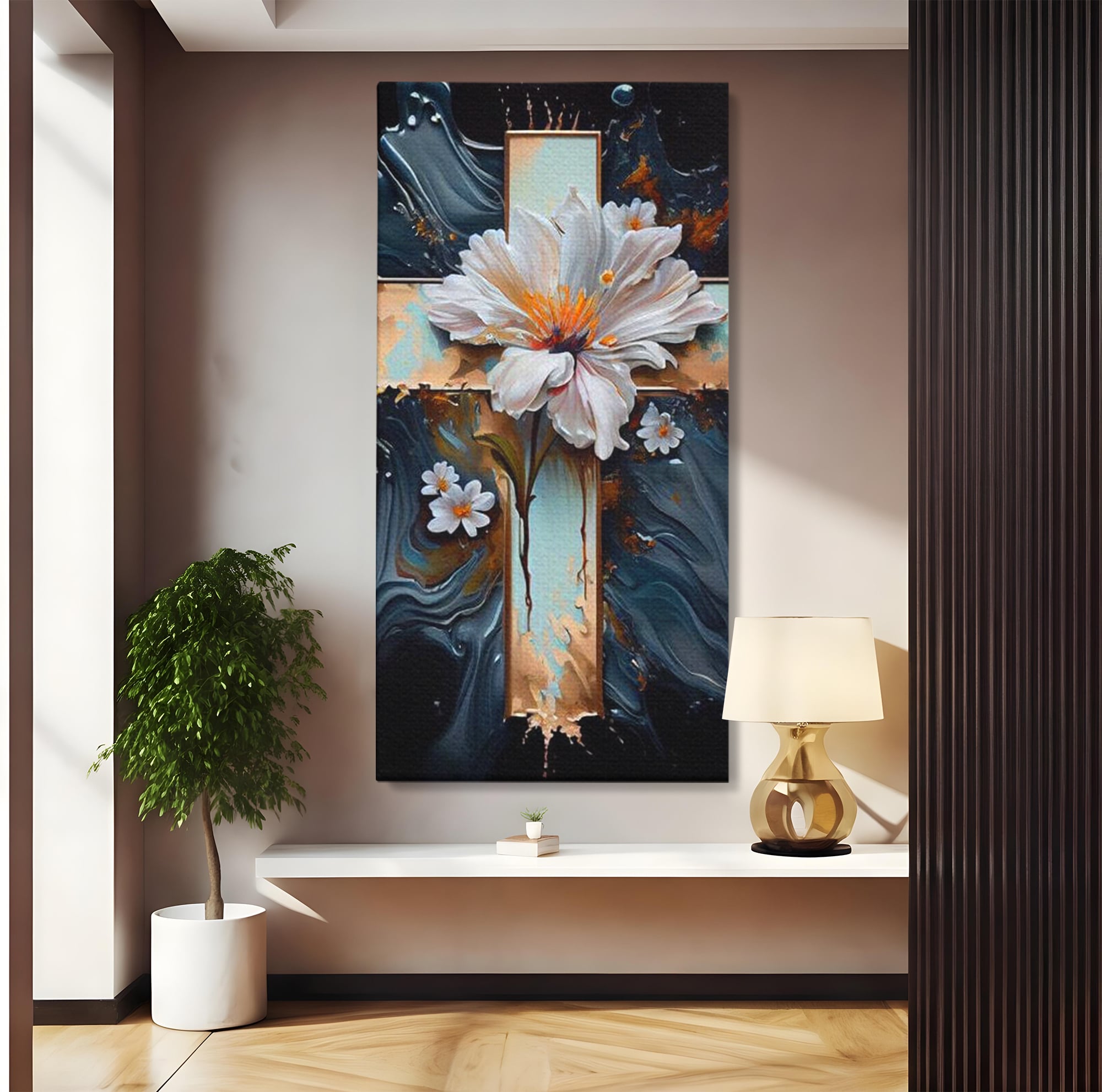 Tablou Canvas Premium LuxCanva® H1026 Crucea cu Flori ,  Flori, Cruce, Delicatete, Gingasie, Speranta, Puritate, Univers, Cale, Living, Dormitor