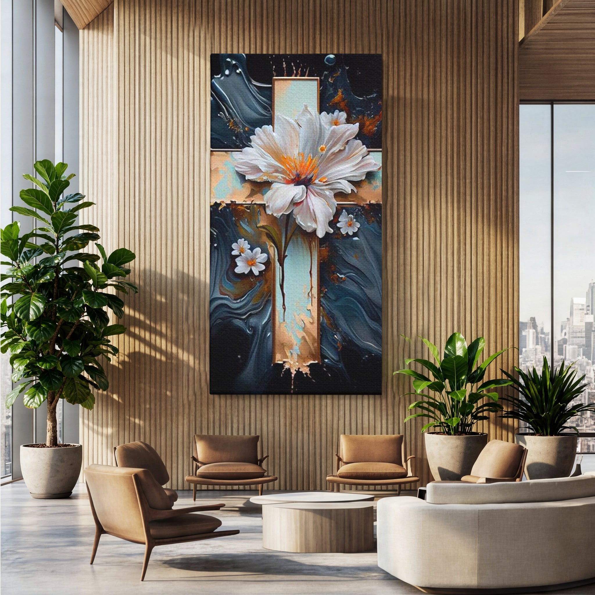 Tablou Canvas Premium LuxCanva® H1026 Crucea cu Flori ,  Flori, Cruce, Delicatete, Gingasie, Speranta, Puritate, Univers, Cale, Living, Dormitor