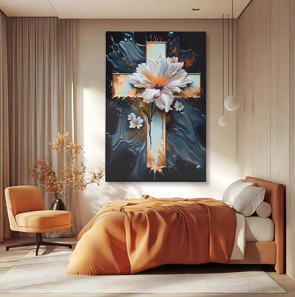 Tablou Canvas Premium LuxCanva® H1026 Crucea cu Flori ,  Flori, Cruce, Delicatete, Gingasie, Speranta, Puritate, Univers, Cale, Living, Dormitor