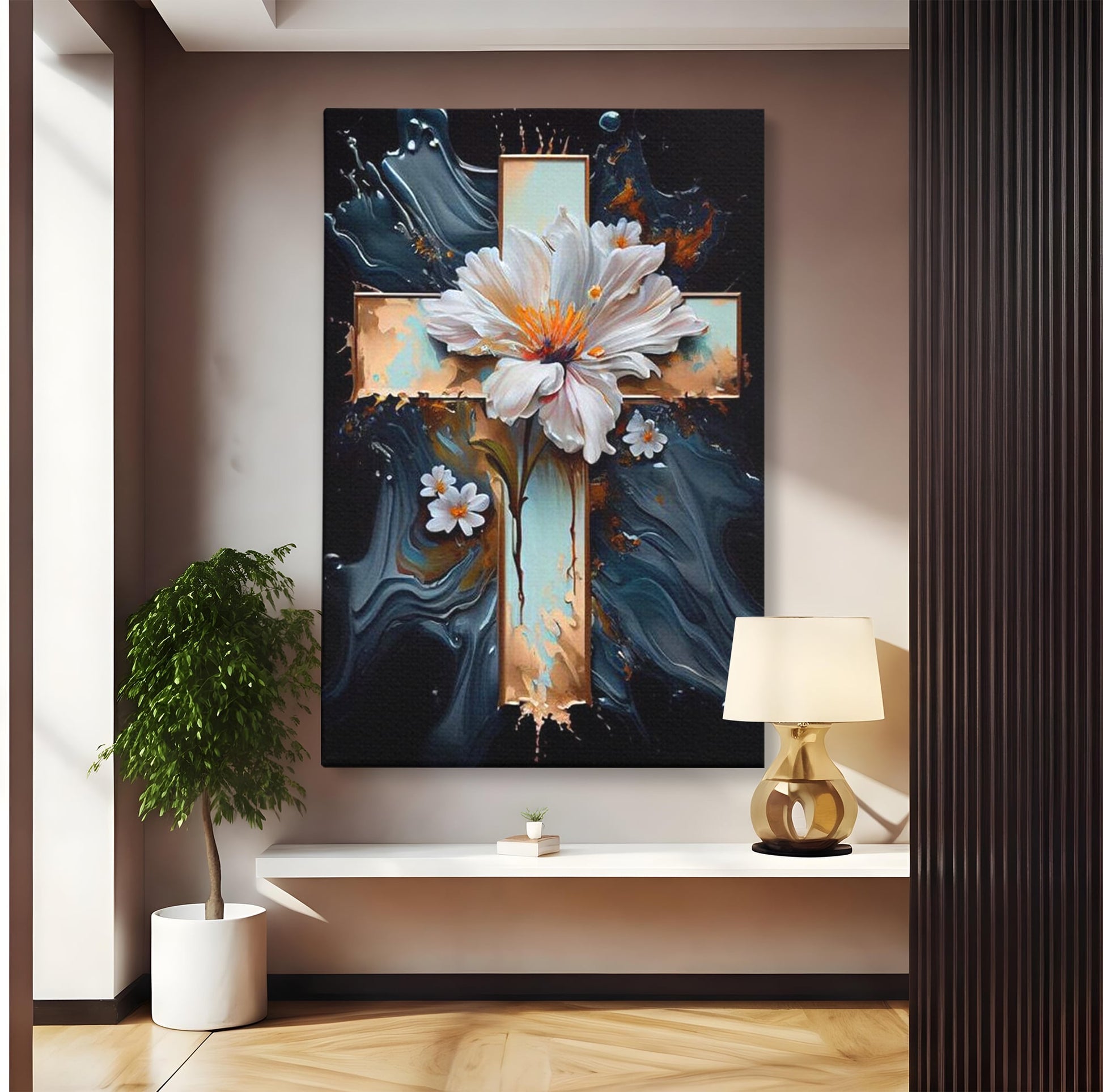 Tablou Canvas Premium LuxCanva® H1026 Crucea cu Flori ,  Flori, Cruce, Delicatete, Gingasie, Speranta, Puritate, Univers, Cale, Living, Dormitor