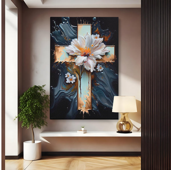 Tablou Canvas Premium LuxCanva® H1026 Crucea cu Flori ,  Flori, Cruce, Delicatete, Gingasie, Speranta, Puritate, Univers, Cale, Living, Dormitor