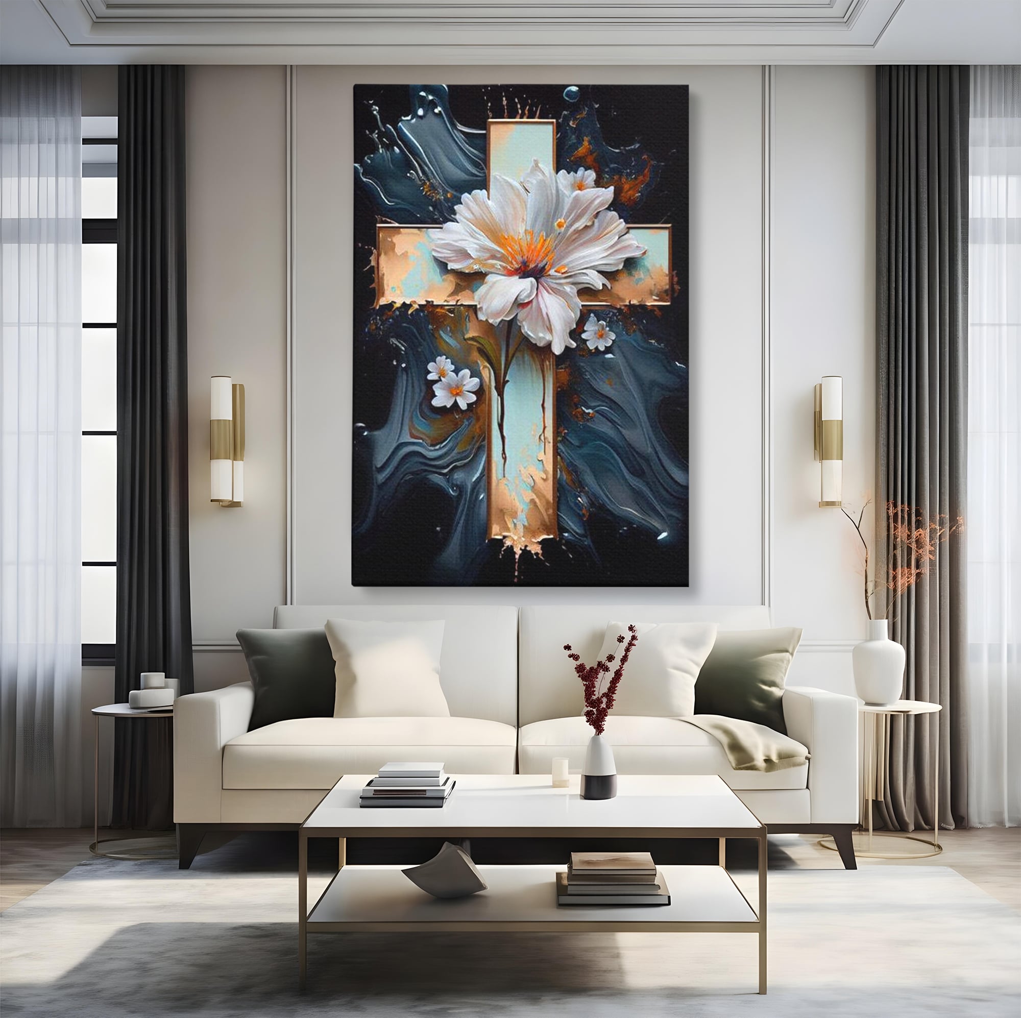 Tablou Canvas Premium LuxCanva® H1026 Crucea cu Flori ,  Flori, Cruce, Delicatete, Gingasie, Speranta, Puritate, Univers, Cale, Living, Dormitor