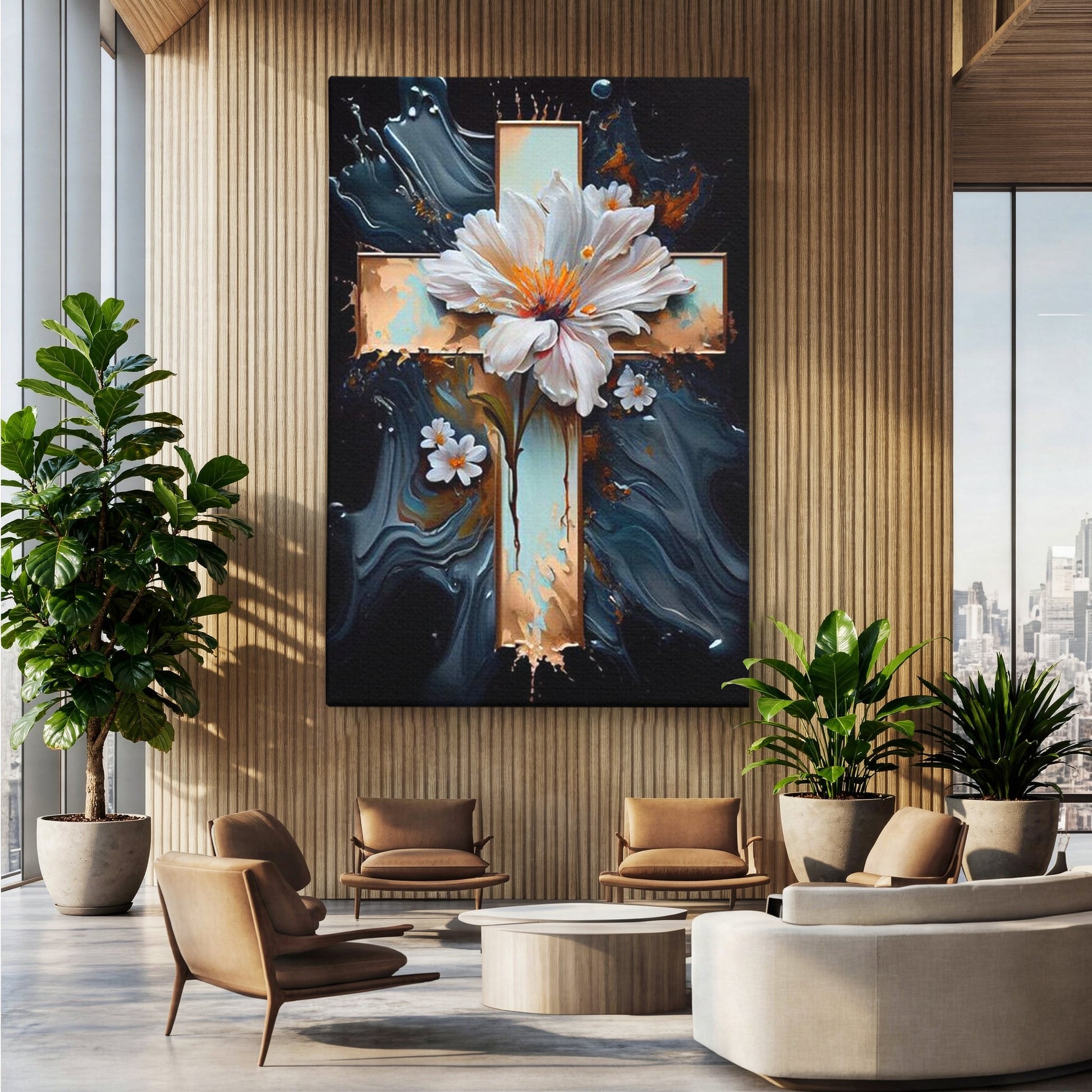 Tablou Canvas Premium LuxCanva® H1026 Crucea cu Flori ,  Flori, Cruce, Delicatete, Gingasie, Speranta, Puritate, Univers, Cale, Living, Dormitor