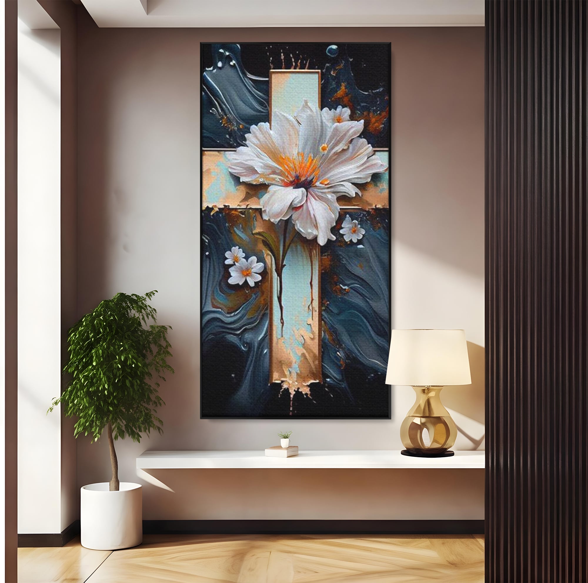 Tablou Canvas Premium LuxCanva® H1026 Crucea cu Flori ,  Flori, Cruce, Delicatete, Gingasie, Speranta, Puritate, Univers, Cale, Living, Dormitor