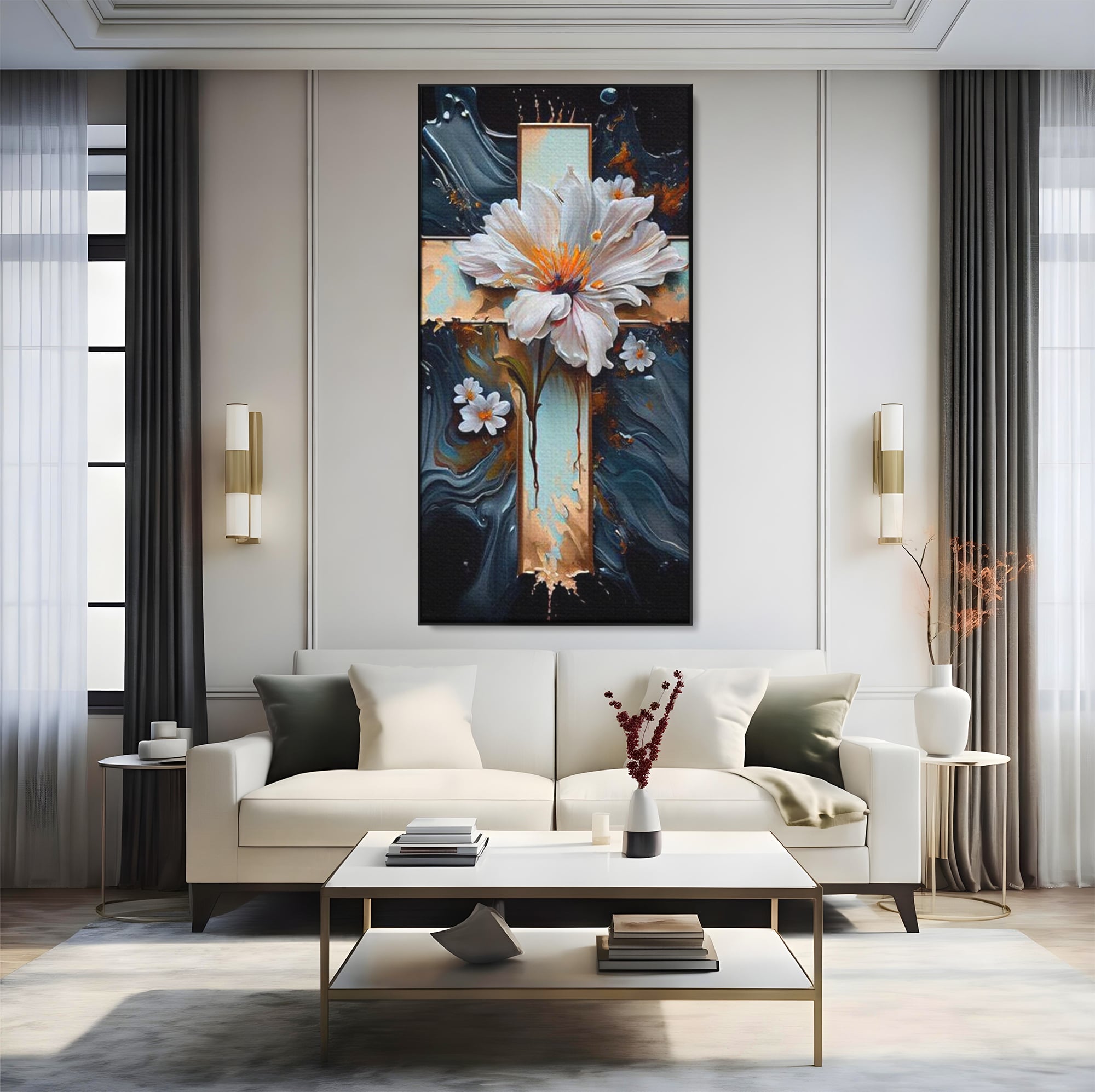 Tablou Canvas Premium LuxCanva® H1026 Crucea cu Flori ,  Flori, Cruce, Delicatete, Gingasie, Speranta, Puritate, Univers, Cale, Living, Dormitor