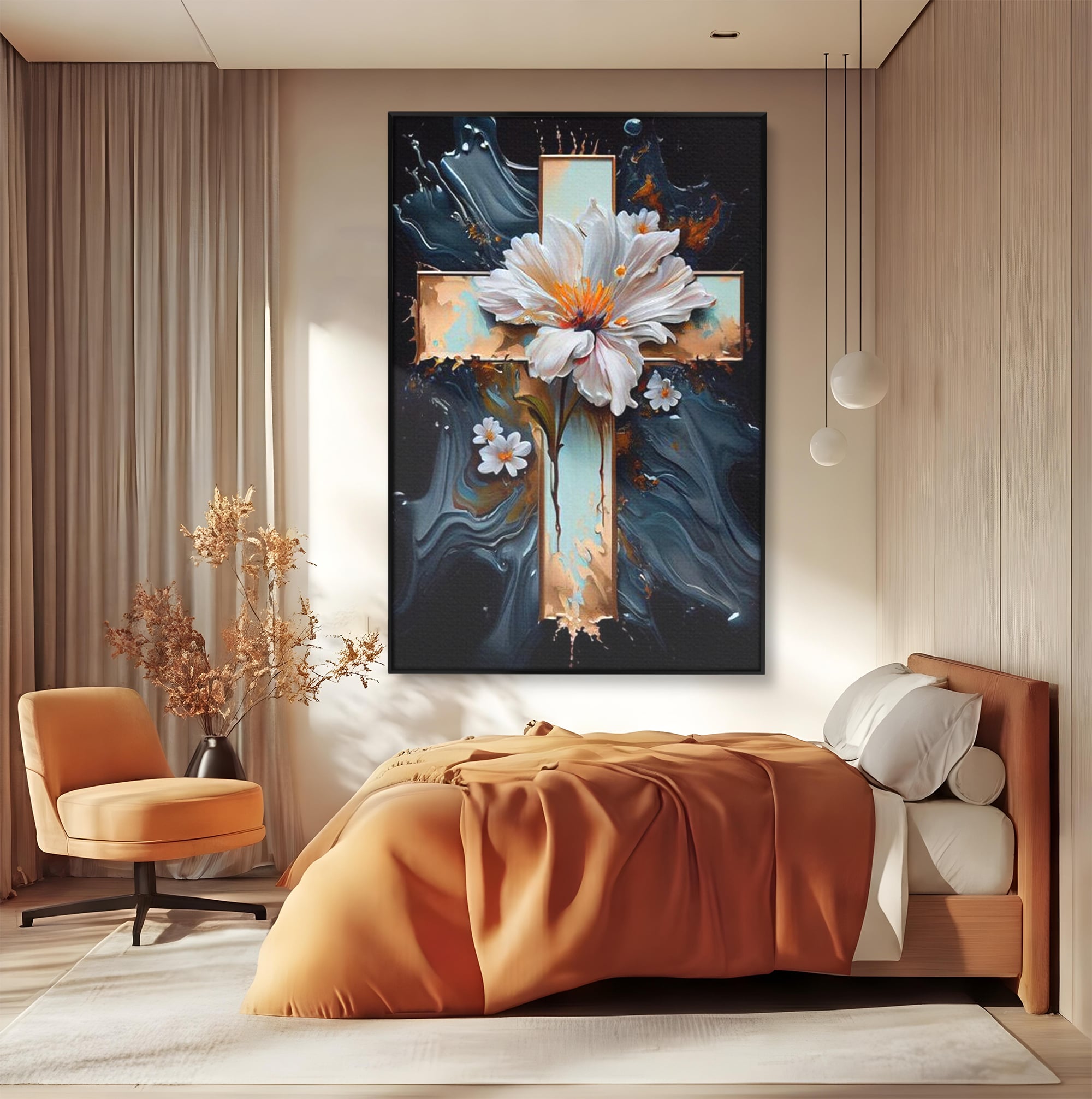 Tablou Canvas Premium LuxCanva® H1026 Crucea cu Flori ,  Flori, Cruce, Delicatete, Gingasie, Speranta, Puritate, Univers, Cale, Living, Dormitor