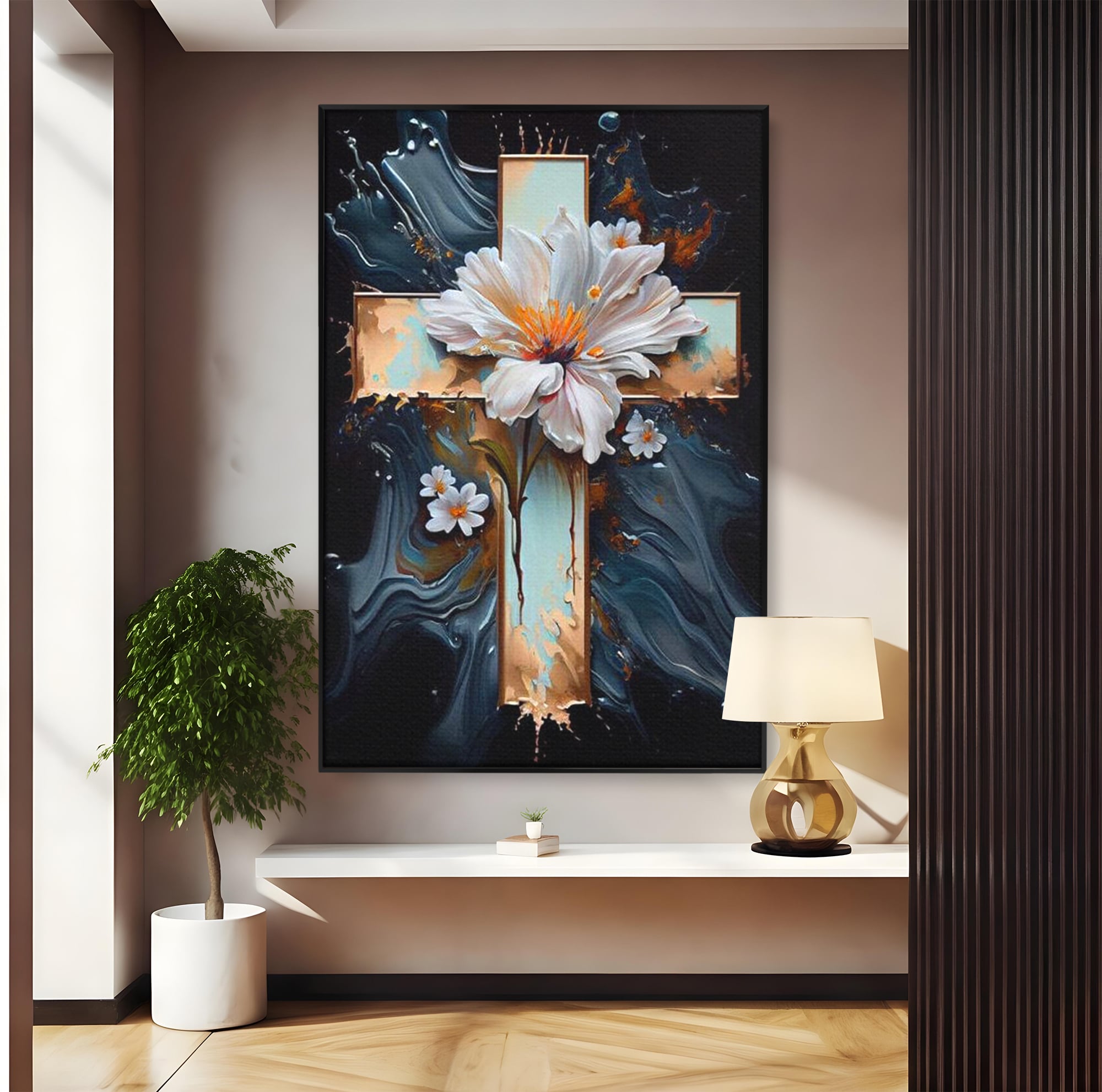 Tablou Canvas Premium LuxCanva® H1026 Crucea cu Flori ,  Flori, Cruce, Delicatete, Gingasie, Speranta, Puritate, Univers, Cale, Living, Dormitor