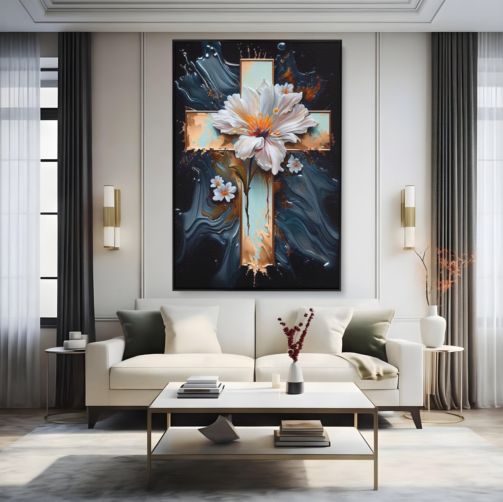 Tablou Canvas Premium LuxCanva® H1026 Crucea cu Flori ,  Flori, Cruce, Delicatete, Gingasie, Speranta, Puritate, Univers, Cale, Living, Dormitor