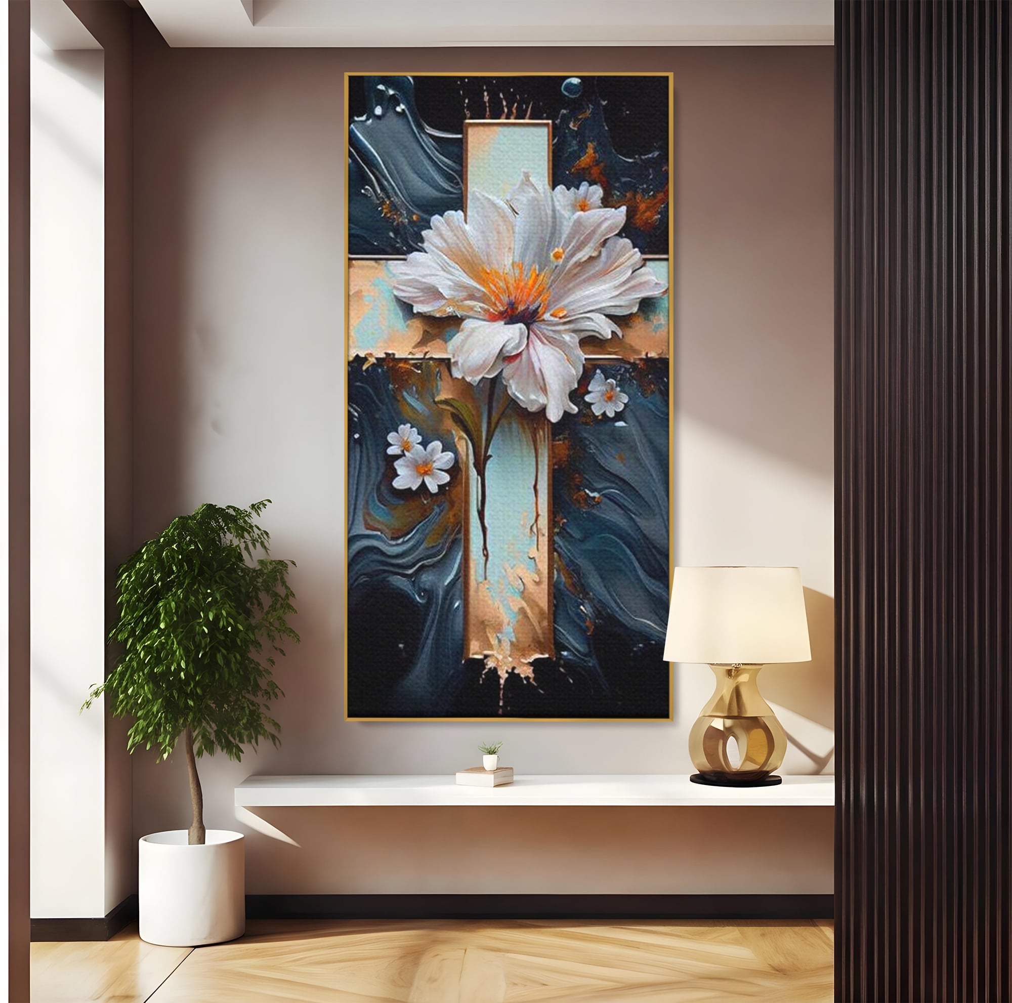 Tablou Canvas Premium LuxCanva® H1026 Crucea cu Flori ,  Flori, Cruce, Delicatete, Gingasie, Speranta, Puritate, Univers, Cale, Living, Dormitor