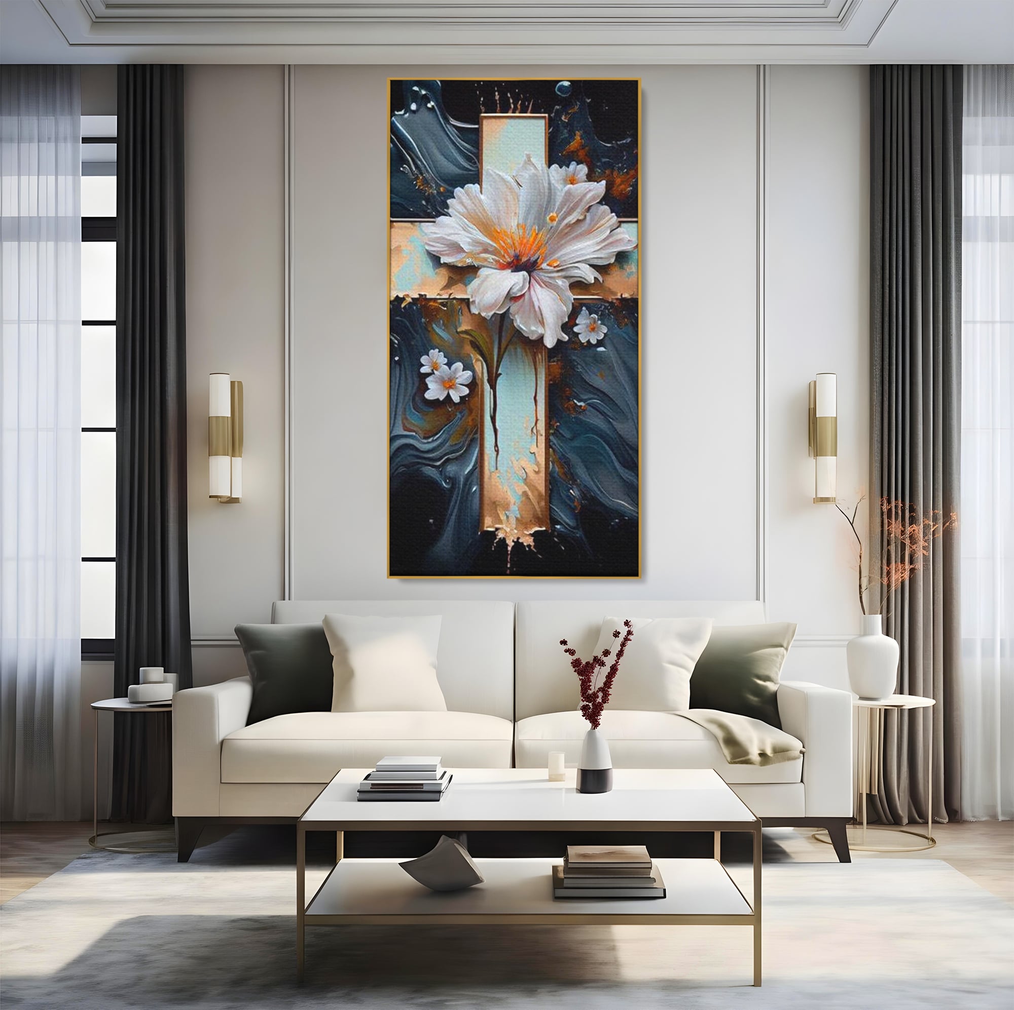 Tablou Canvas Premium LuxCanva® H1026 Crucea cu Flori ,  Flori, Cruce, Delicatete, Gingasie, Speranta, Puritate, Univers, Cale, Living, Dormitor