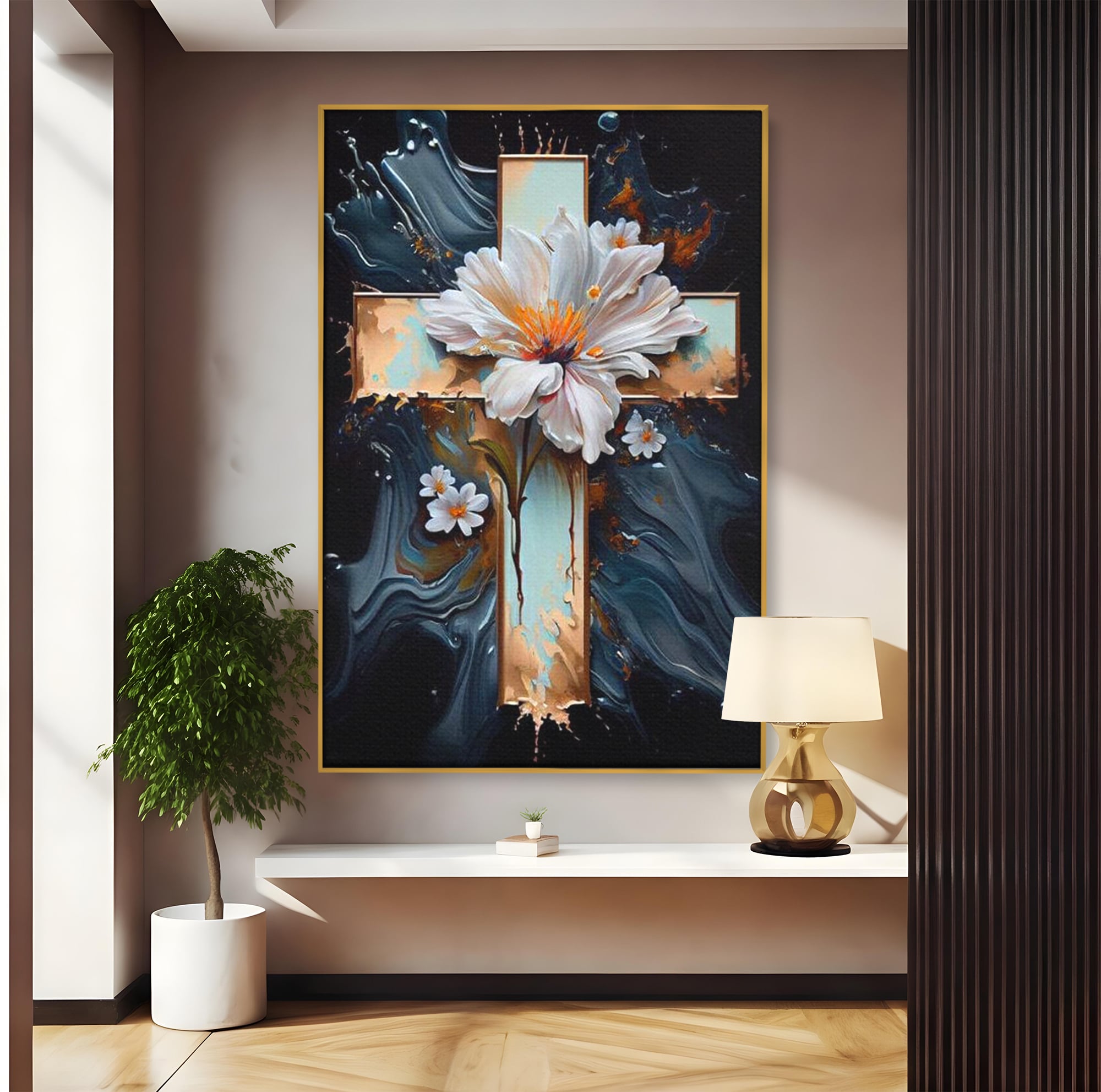 Tablou Canvas Premium LuxCanva® H1026 Crucea cu Flori ,  Flori, Cruce, Delicatete, Gingasie, Speranta, Puritate, Univers, Cale, Living, Dormitor