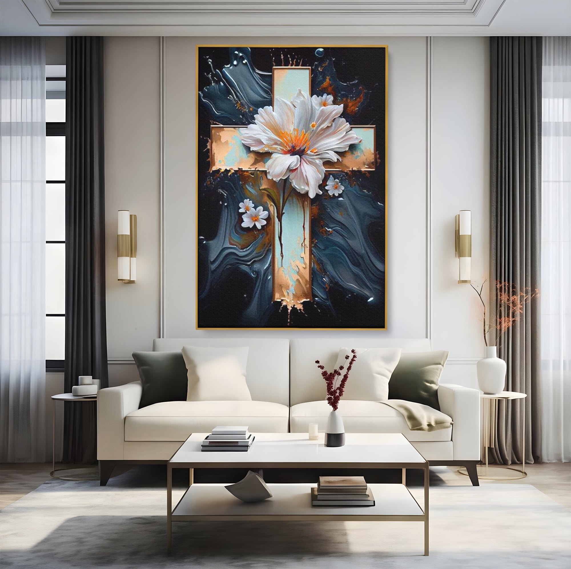Tablou Canvas Premium LuxCanva® H1026 Crucea cu Flori ,  Flori, Cruce, Delicatete, Gingasie, Speranta, Puritate, Univers, Cale, Living, Dormitor