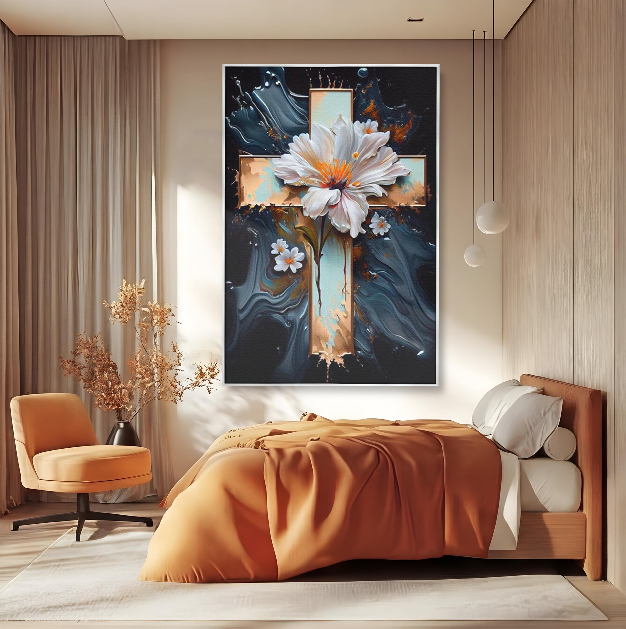 Tablou Canvas Premium LuxCanva® H1026 Crucea cu Flori ,  Flori, Cruce, Delicatete, Gingasie, Speranta, Puritate, Univers, Cale, Living, Dormitor