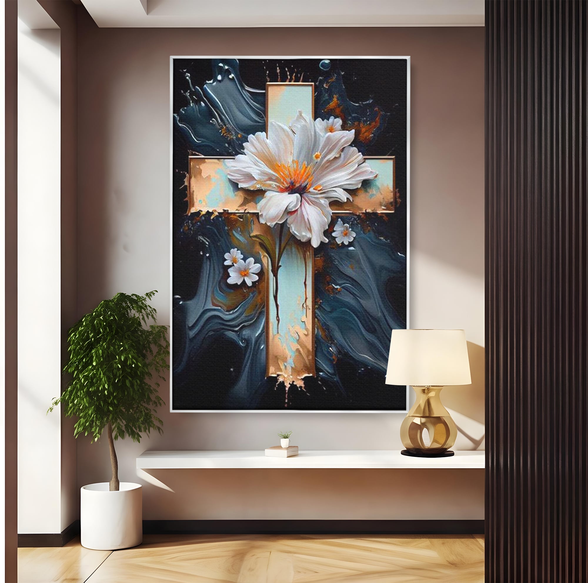 Tablou Canvas Premium LuxCanva® H1026 Crucea cu Flori ,  Flori, Cruce, Delicatete, Gingasie, Speranta, Puritate, Univers, Cale, Living, Dormitor