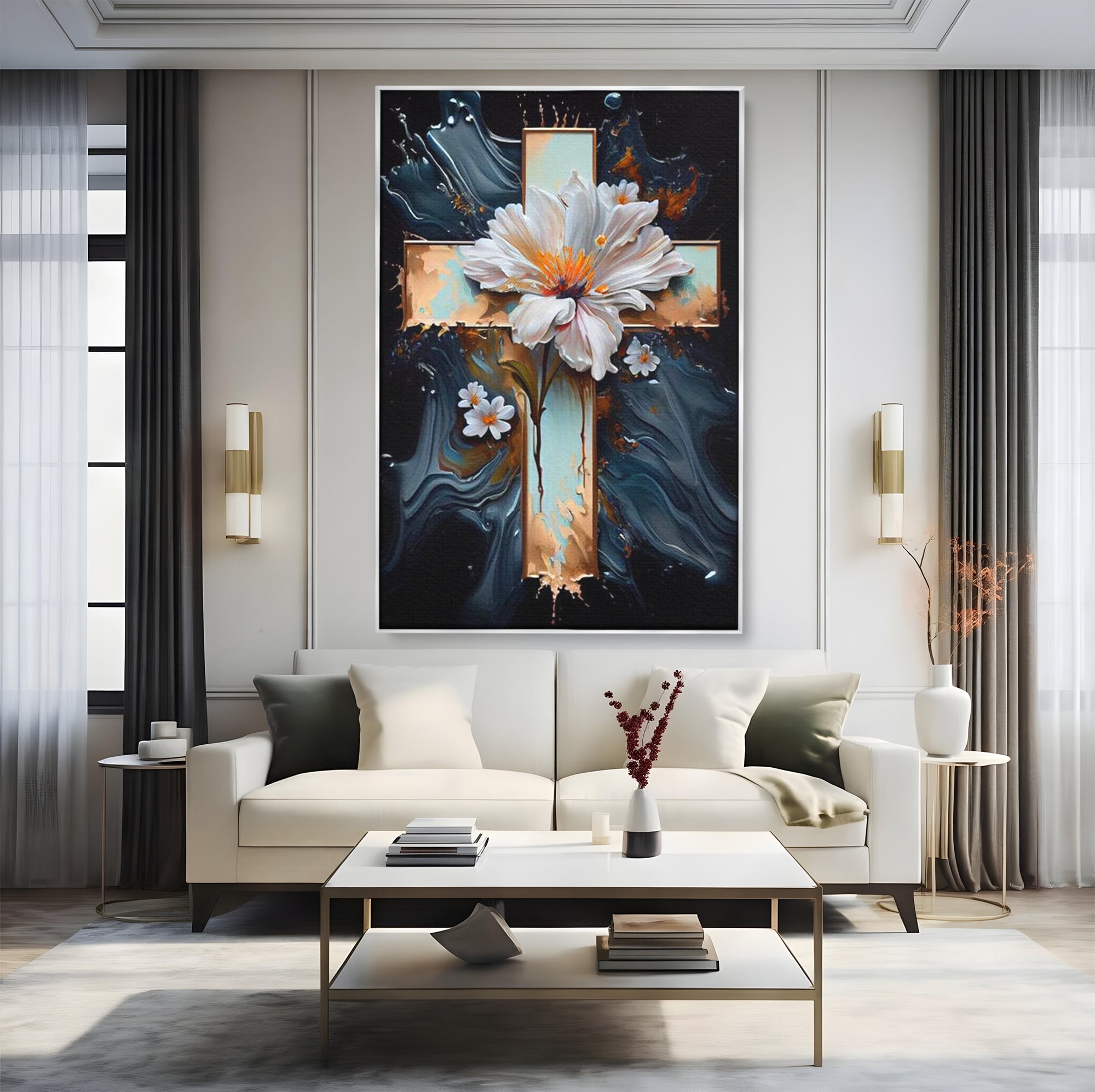 Tablou Canvas Premium LuxCanva® H1026 Crucea cu Flori ,  Flori, Cruce, Delicatete, Gingasie, Speranta, Puritate, Univers, Cale, Living, Dormitor
