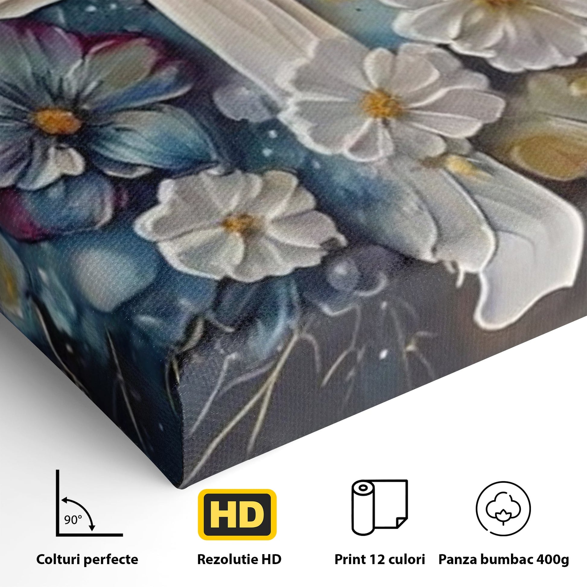 Tablou Canvas Premium LuxCanva® H1027 Credinta Prin Cruce Florala ,  Multicolor, Cruce, Flori, Divin, Liniste, Creatie, Credinta, Naturalete, Living