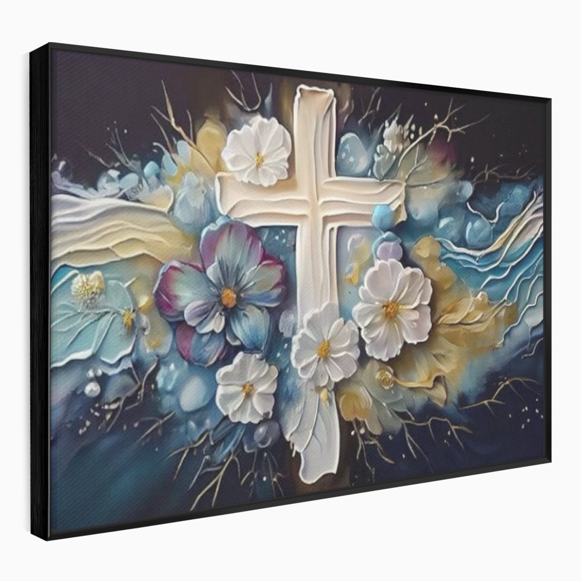 Tablou Canvas Premium LuxCanva® H1027 Credinta Prin Cruce Florala ,  Multicolor, Cruce, Flori, Divin, Liniste, Creatie, Credinta, Naturalete, Living