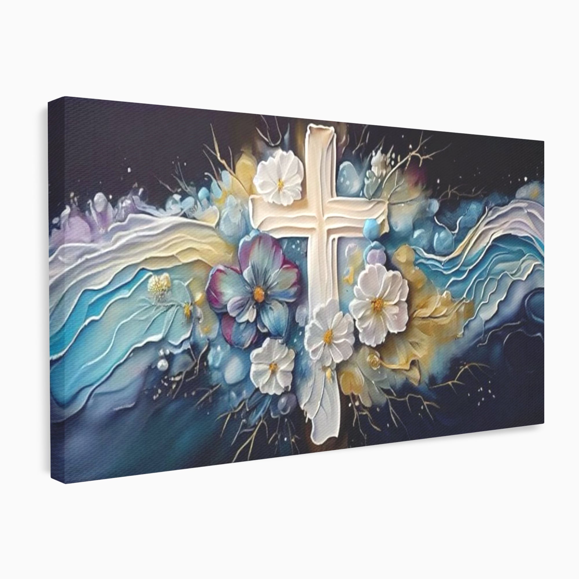 Tablou Canvas Premium LuxCanva® H1027 Credinta Prin Cruce Florala ,  Multicolor, Cruce, Flori, Divin, Liniste, Creatie, Credinta, Naturalete, Living