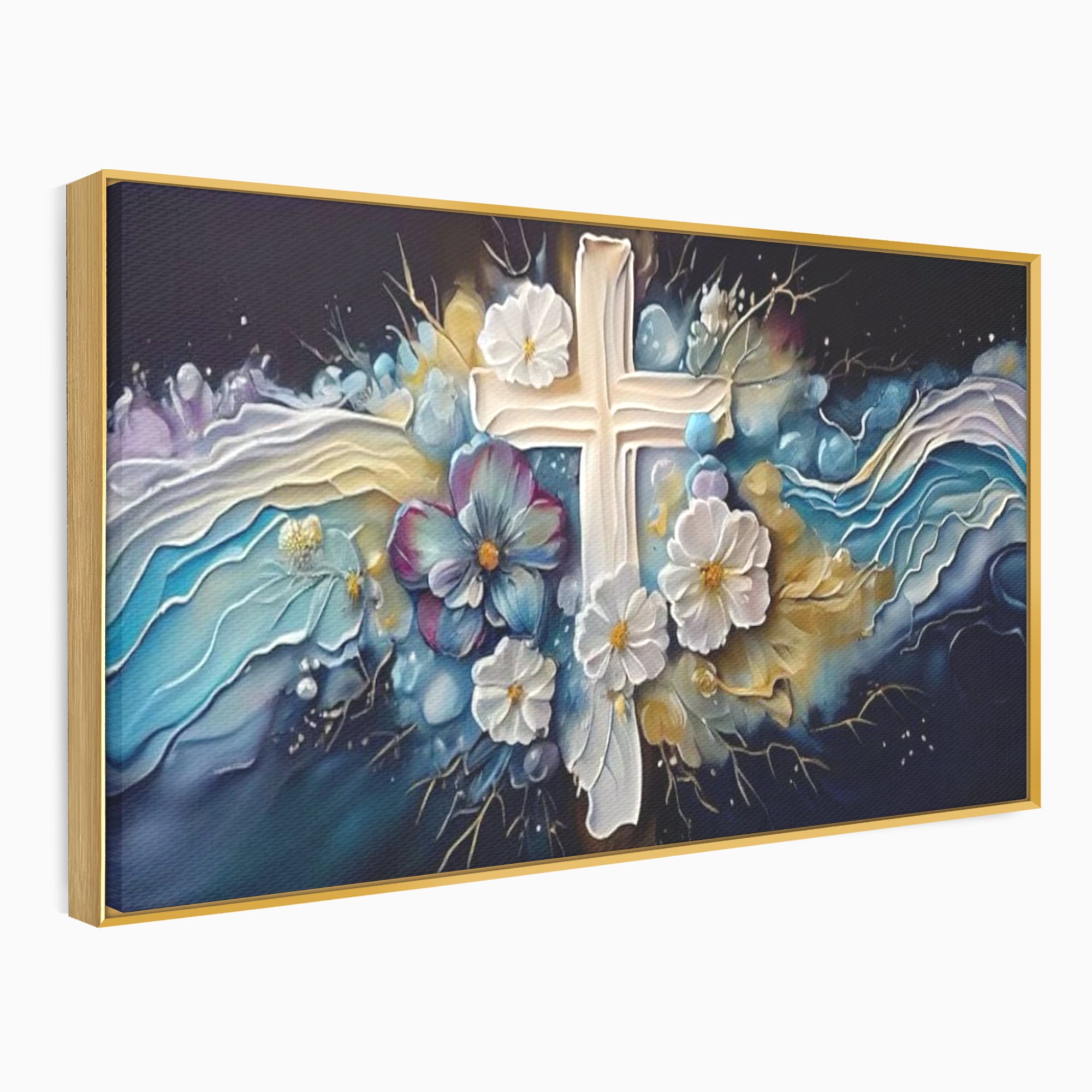 Tablou Canvas Premium LuxCanva® H1027 Credinta Prin Cruce Florala ,  Multicolor, Cruce, Flori, Divin, Liniste, Creatie, Credinta, Naturalete, Living
