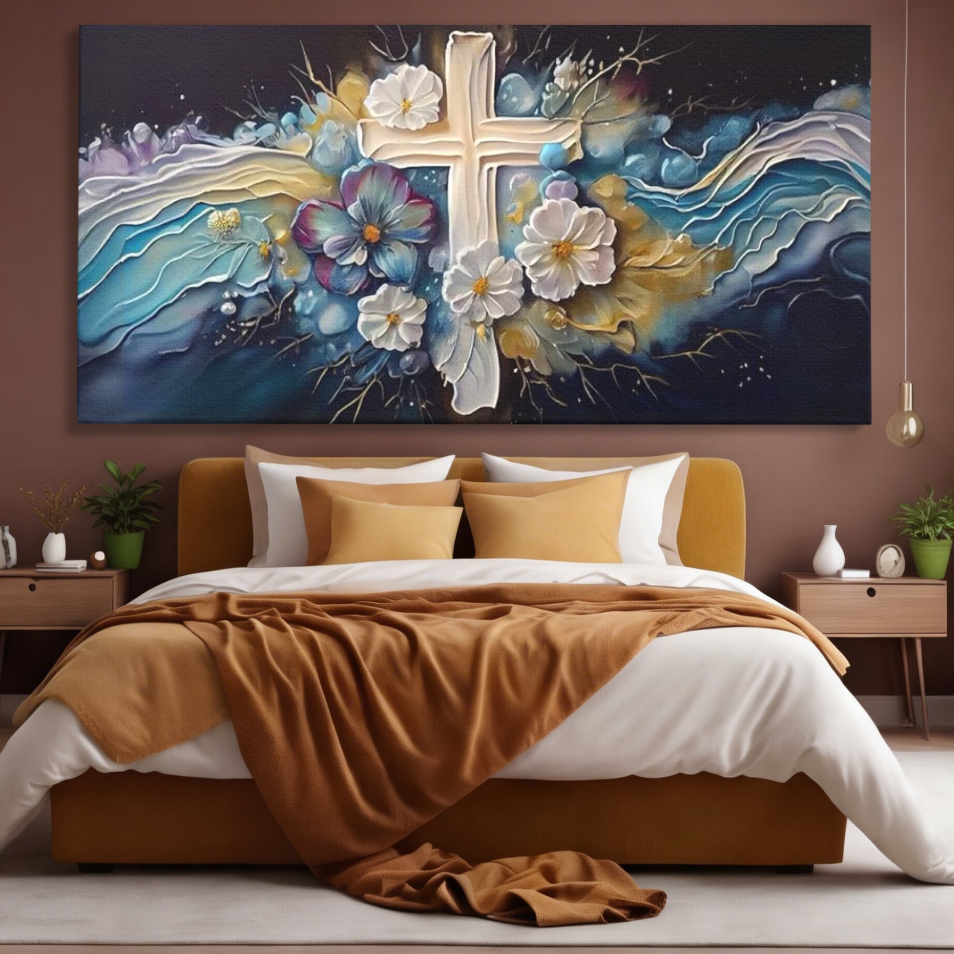 Tablou Canvas Premium LuxCanva® H1027 Credinta Prin Cruce Florala ,  Multicolor, Cruce, Flori, Divin, Liniste, Creatie, Credinta, Naturalete, Living