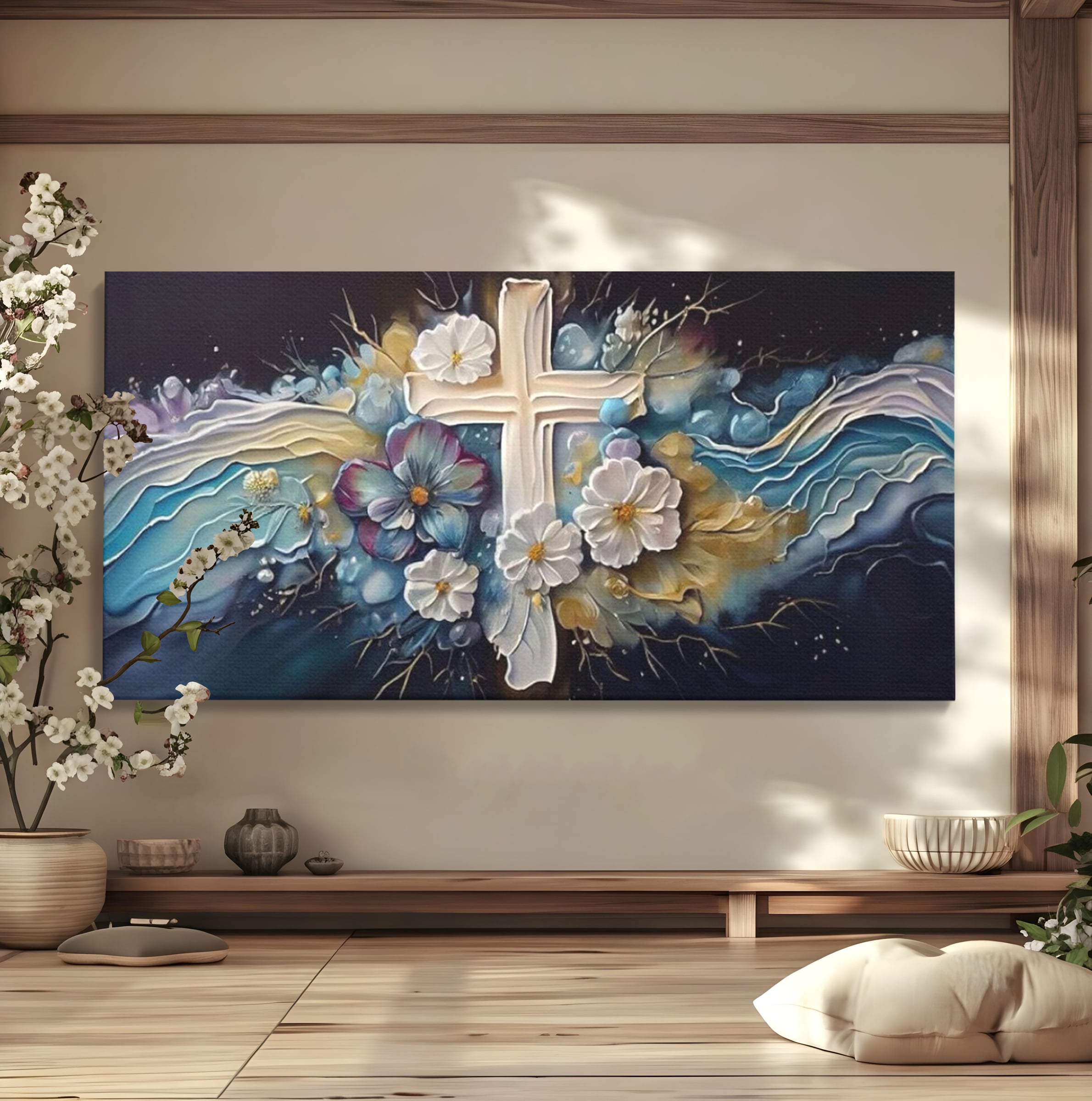 Tablou Canvas Premium LuxCanva® H1027 Credinta Prin Cruce Florala ,  Multicolor, Cruce, Flori, Divin, Liniste, Creatie, Credinta, Naturalete, Living