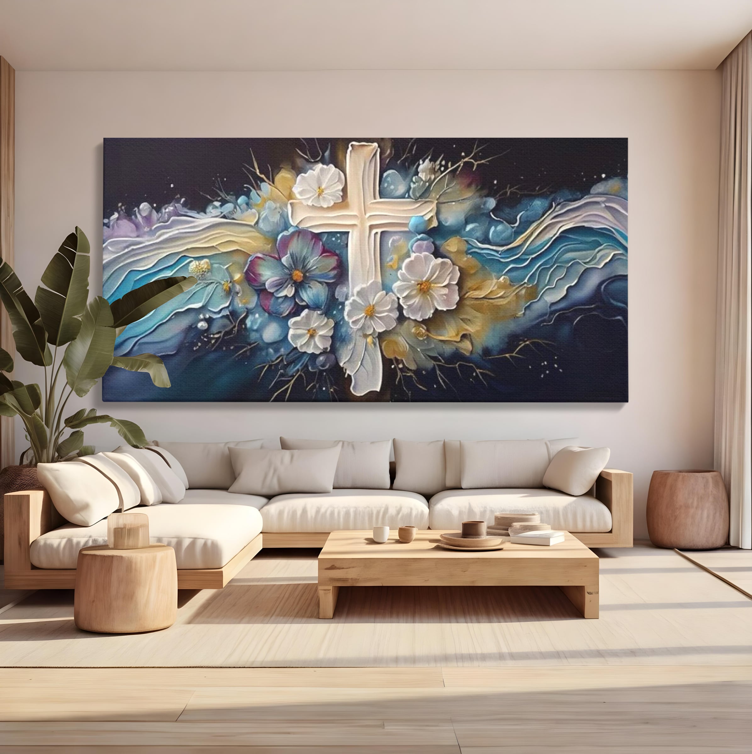 Tablou Canvas Premium LuxCanva® H1027 Credinta Prin Cruce Florala ,  Multicolor, Cruce, Flori, Divin, Liniste, Creatie, Credinta, Naturalete, Living