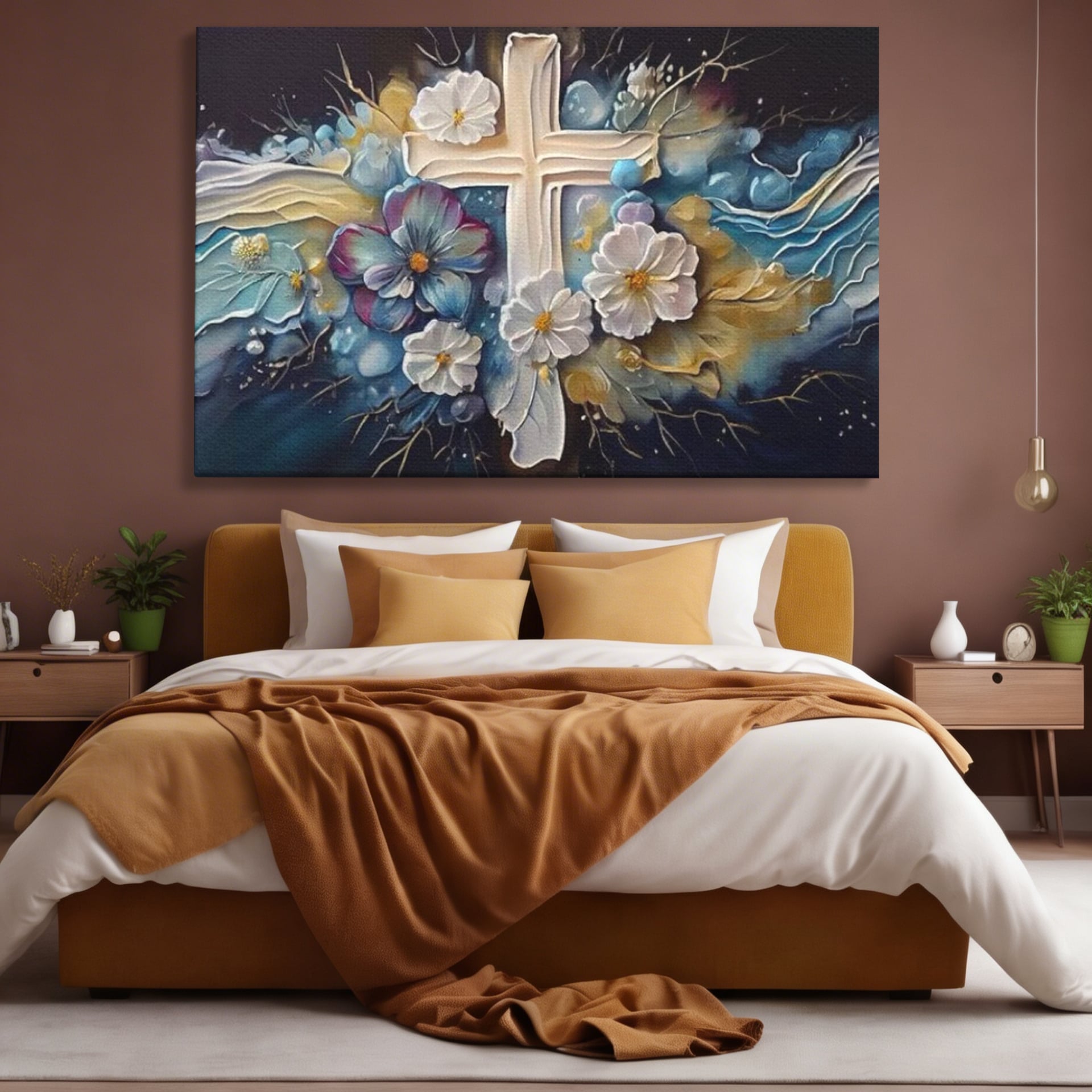 Tablou Canvas Premium LuxCanva® H1027 Credinta Prin Cruce Florala ,  Multicolor, Cruce, Flori, Divin, Liniste, Creatie, Credinta, Naturalete, Living