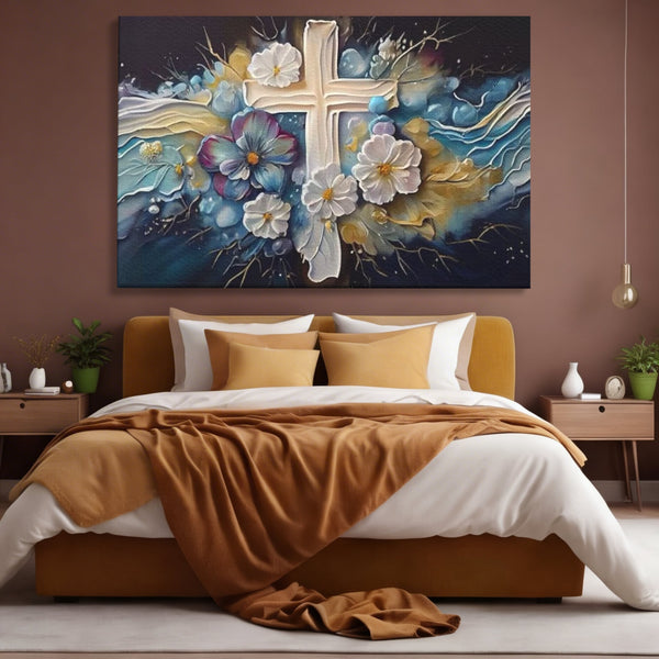Tablou Canvas Premium LuxCanva® H1027 Credinta Prin Cruce Florala ,  Multicolor, Cruce, Flori, Divin, Liniste, Creatie, Credinta, Naturalete, Living