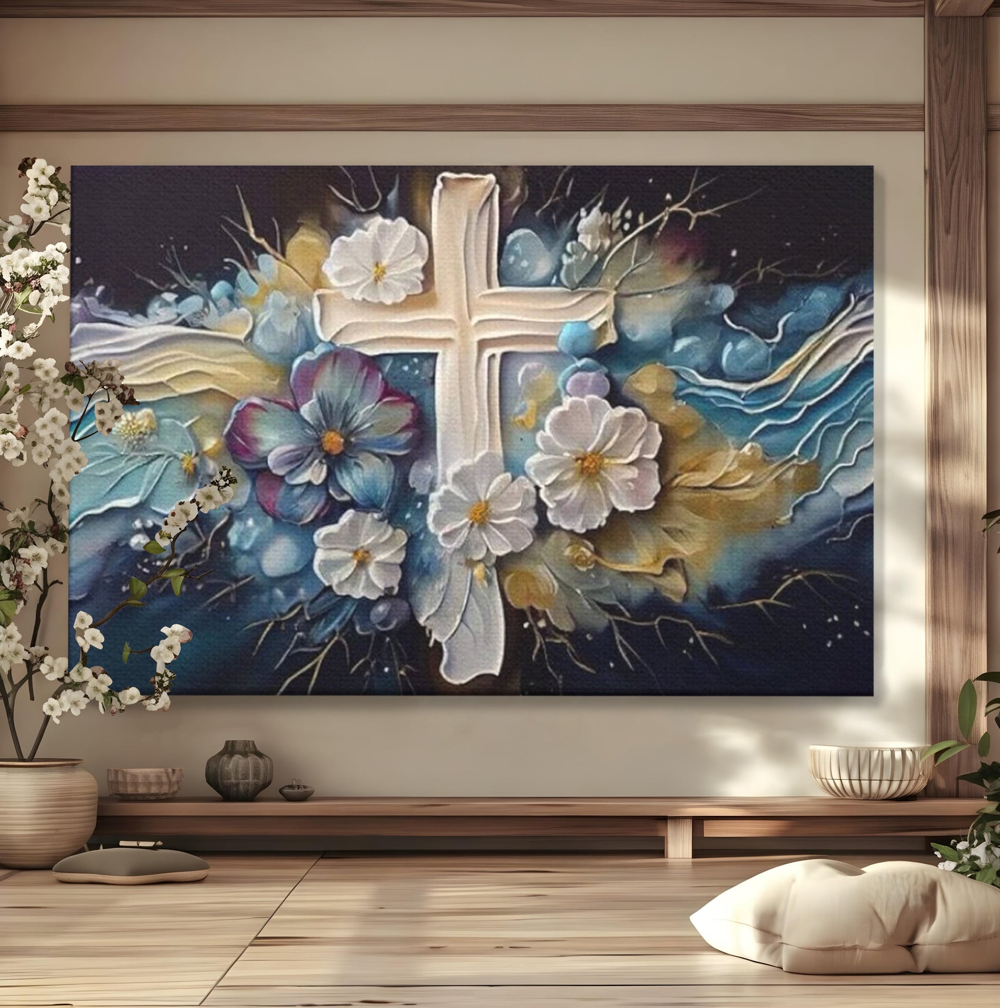 Tablou Canvas Premium LuxCanva® H1027 Credinta Prin Cruce Florala ,  Multicolor, Cruce, Flori, Divin, Liniste, Creatie, Credinta, Naturalete, Living