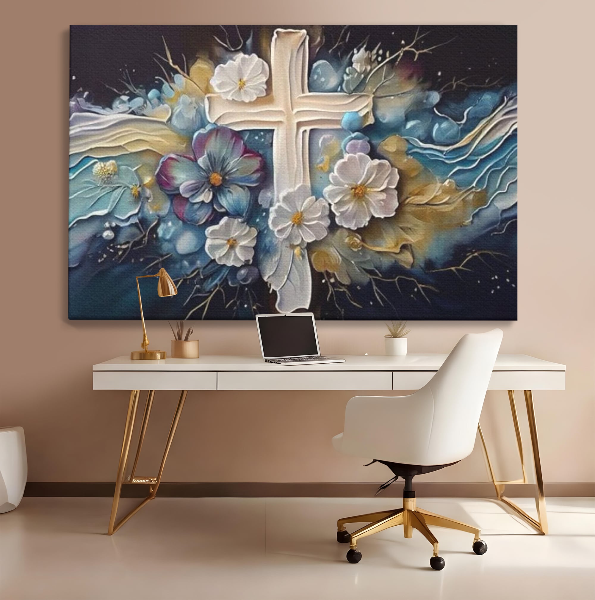 Tablou Canvas Premium LuxCanva® H1027 Credinta Prin Cruce Florala ,  Multicolor, Cruce, Flori, Divin, Liniste, Creatie, Credinta, Naturalete, Living