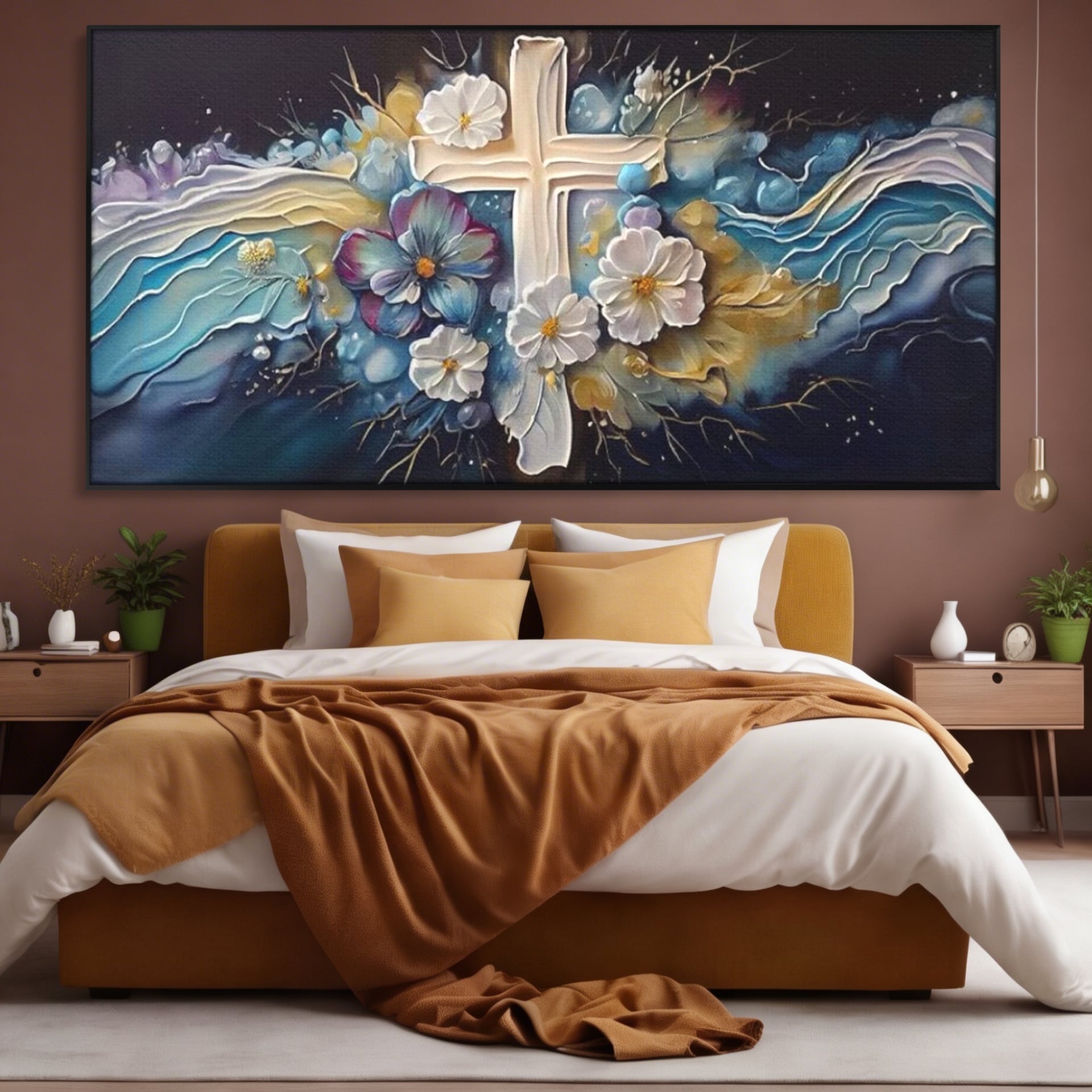 Tablou Canvas Premium LuxCanva® H1027 Credinta Prin Cruce Florala ,  Multicolor, Cruce, Flori, Divin, Liniste, Creatie, Credinta, Naturalete, Living