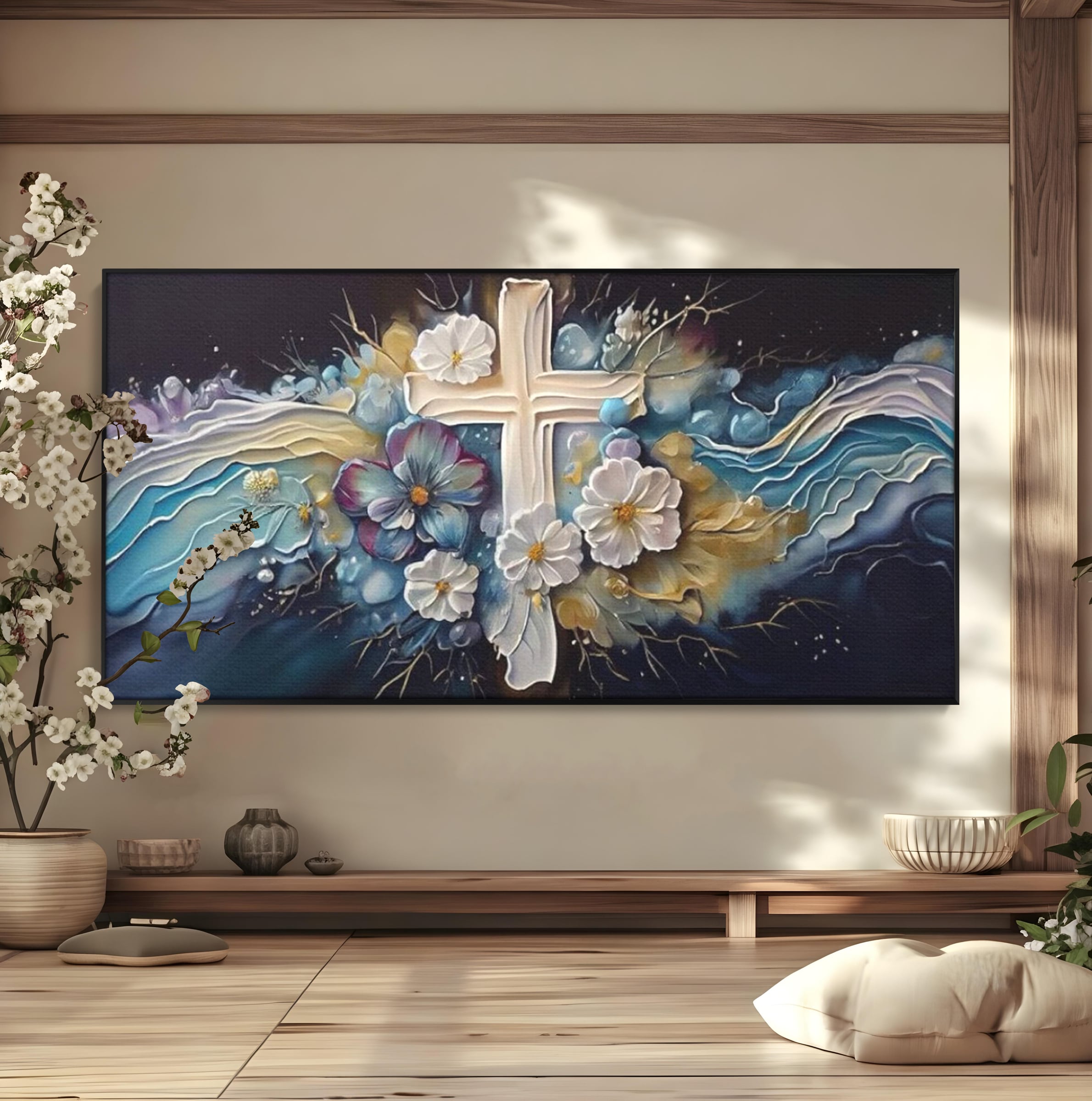 Tablou Canvas Premium LuxCanva® H1027 Credinta Prin Cruce Florala ,  Multicolor, Cruce, Flori, Divin, Liniste, Creatie, Credinta, Naturalete, Living
