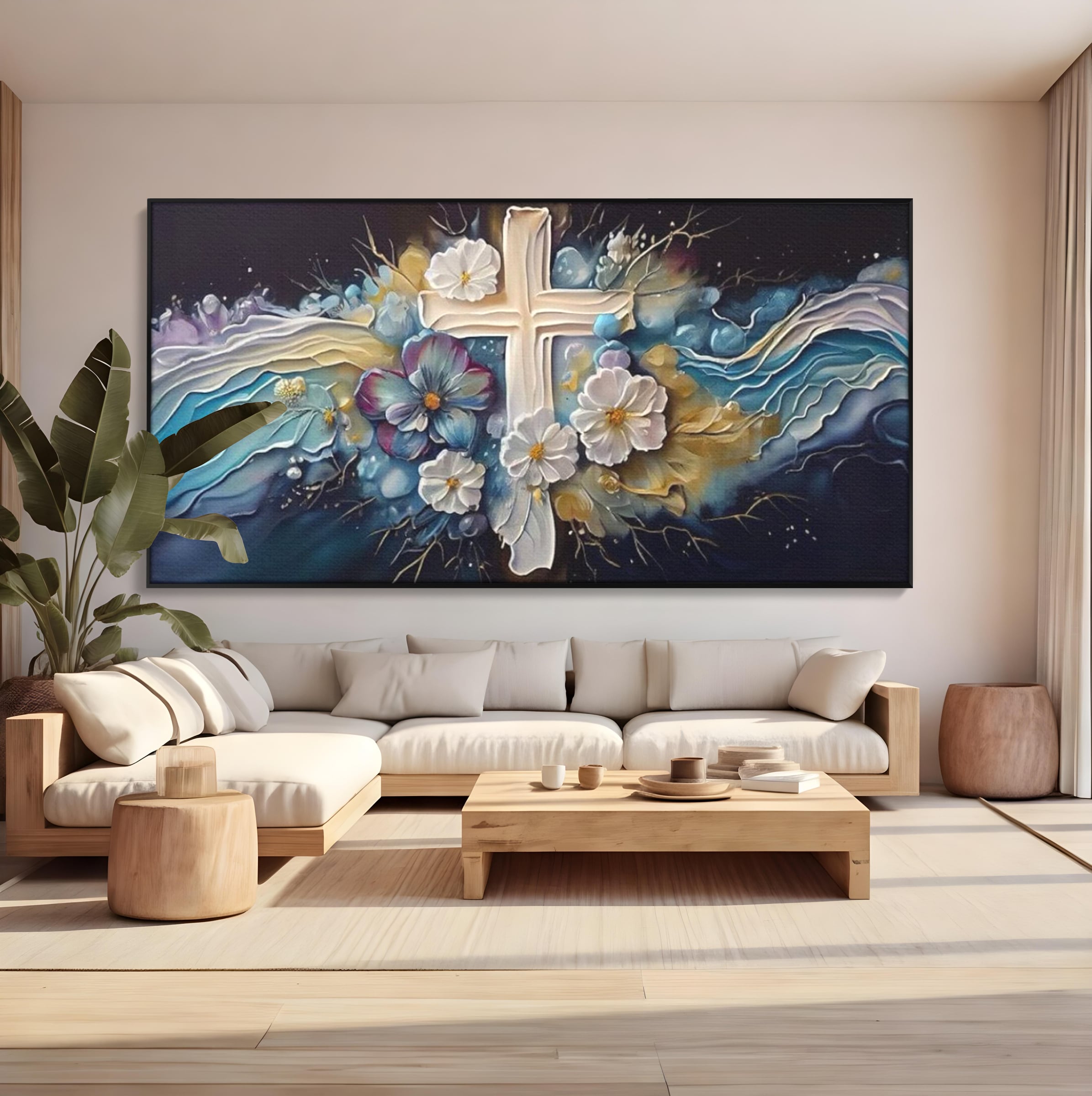 Tablou Canvas Premium LuxCanva® H1027 Credinta Prin Cruce Florala ,  Multicolor, Cruce, Flori, Divin, Liniste, Creatie, Credinta, Naturalete, Living