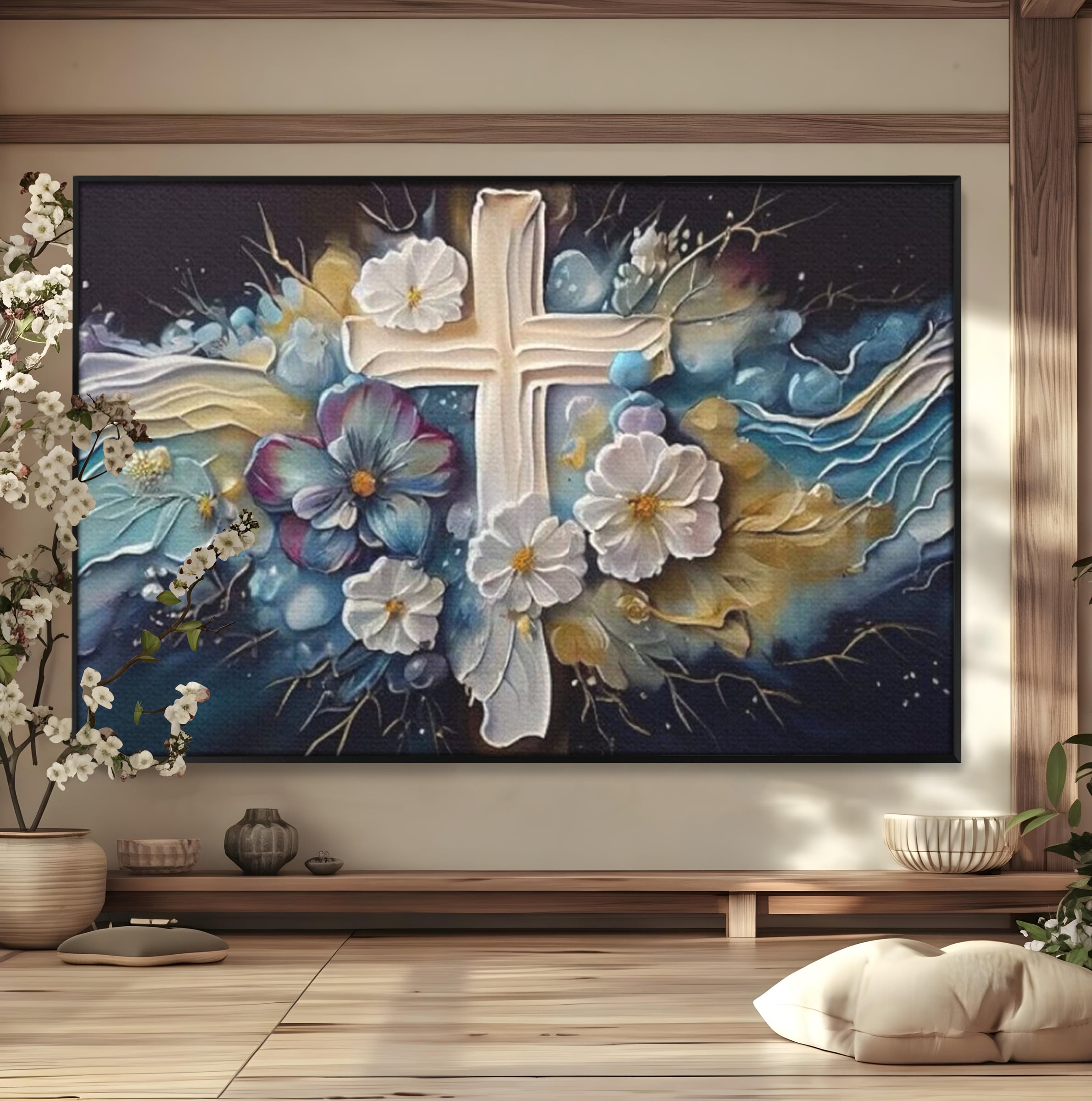Tablou Canvas Premium LuxCanva® H1027 Credinta Prin Cruce Florala ,  Multicolor, Cruce, Flori, Divin, Liniste, Creatie, Credinta, Naturalete, Living