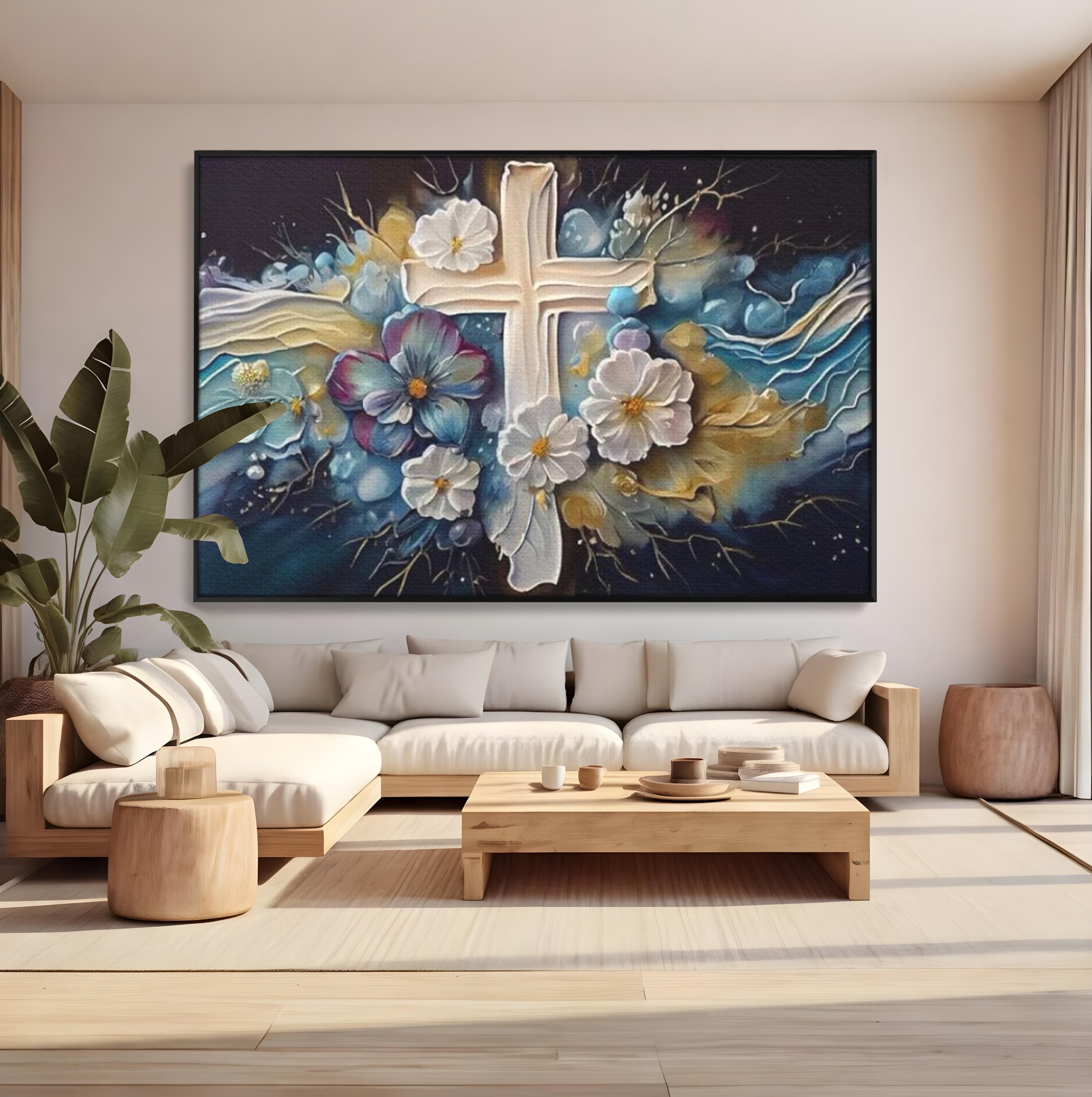 Tablou Canvas Premium LuxCanva® H1027 Credinta Prin Cruce Florala ,  Multicolor, Cruce, Flori, Divin, Liniste, Creatie, Credinta, Naturalete, Living
