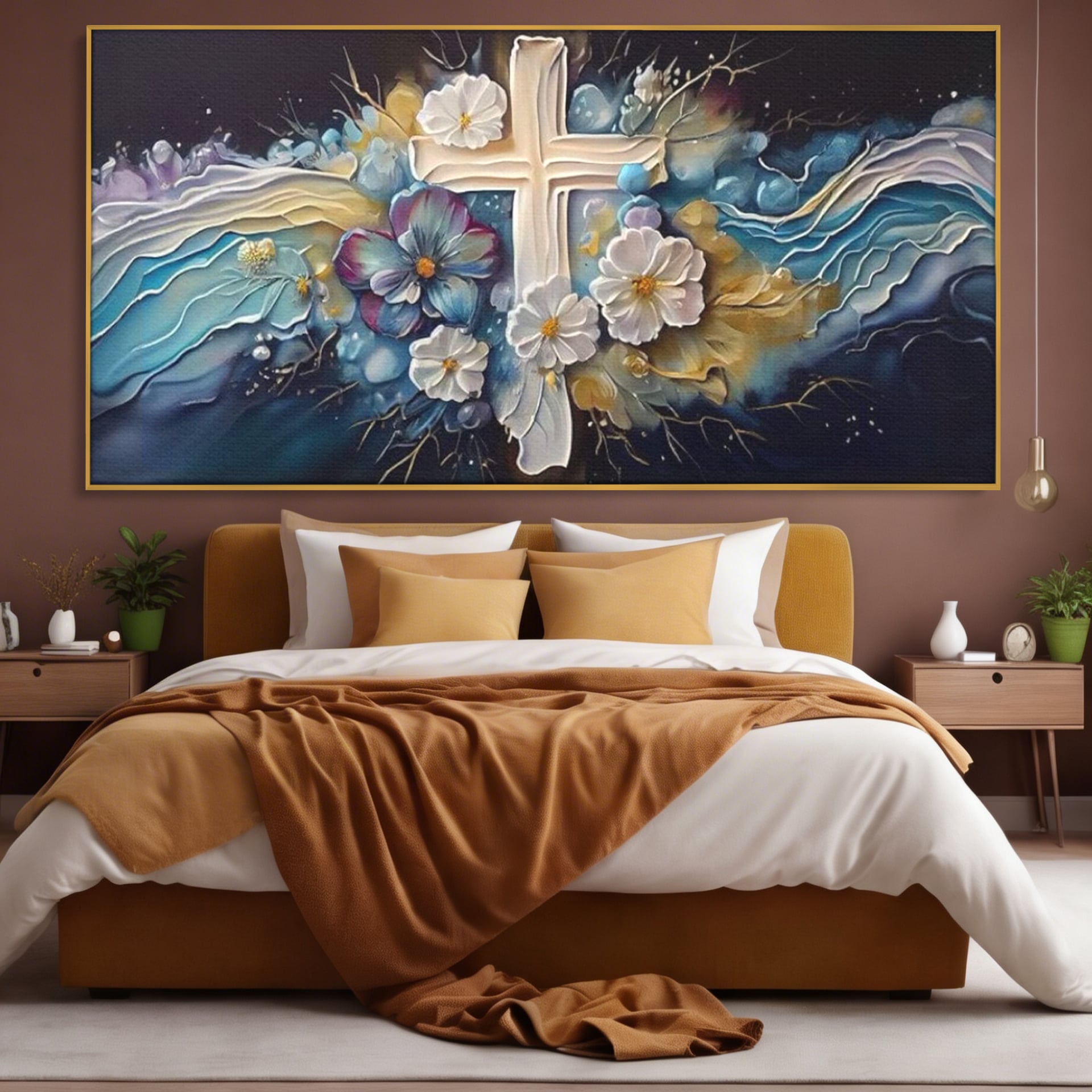 Tablou Canvas Premium LuxCanva® H1027 Credinta Prin Cruce Florala ,  Multicolor, Cruce, Flori, Divin, Liniste, Creatie, Credinta, Naturalete, Living